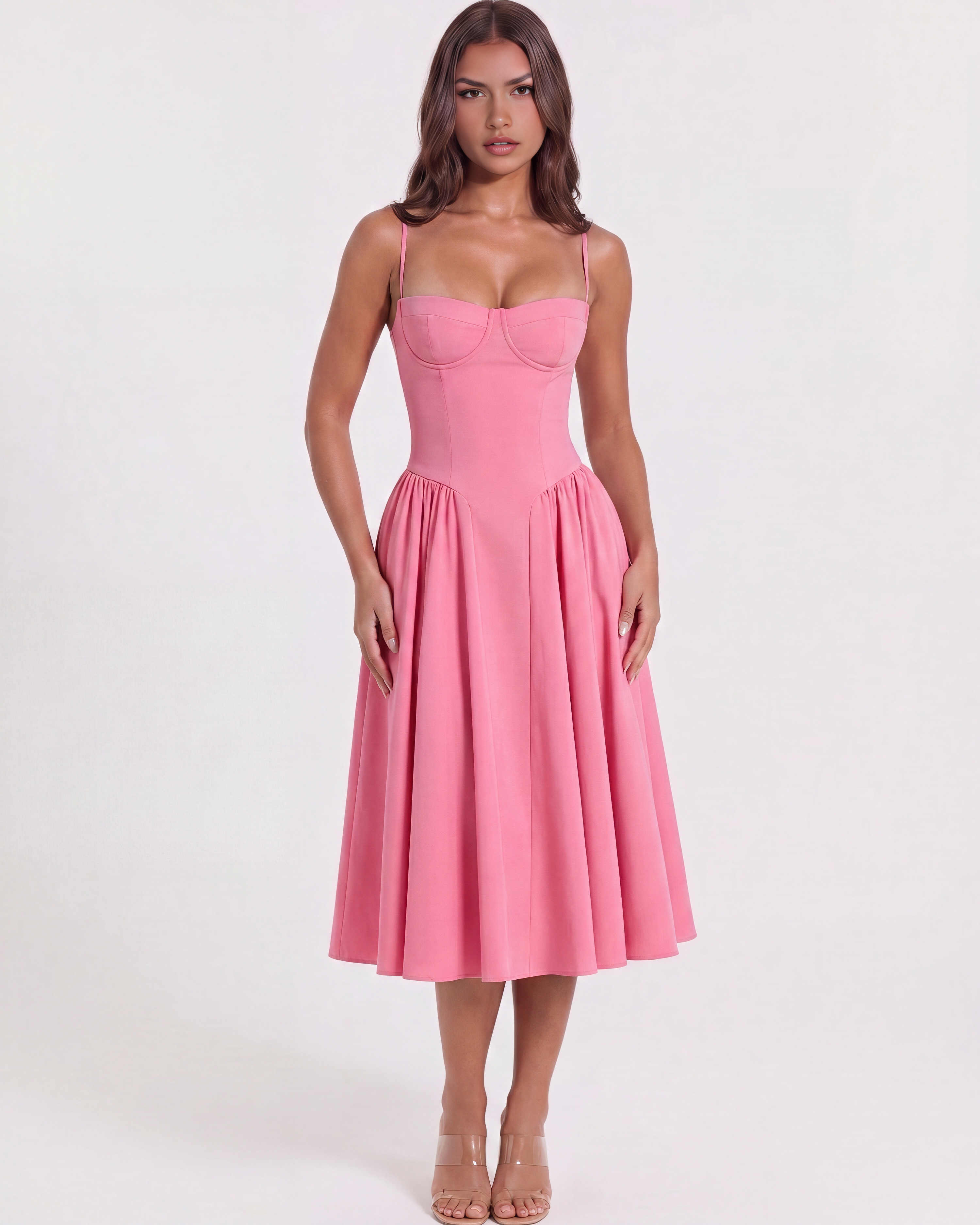 Francesca Fitted Sweetheart Midi Summer Dress - Pink Blossom