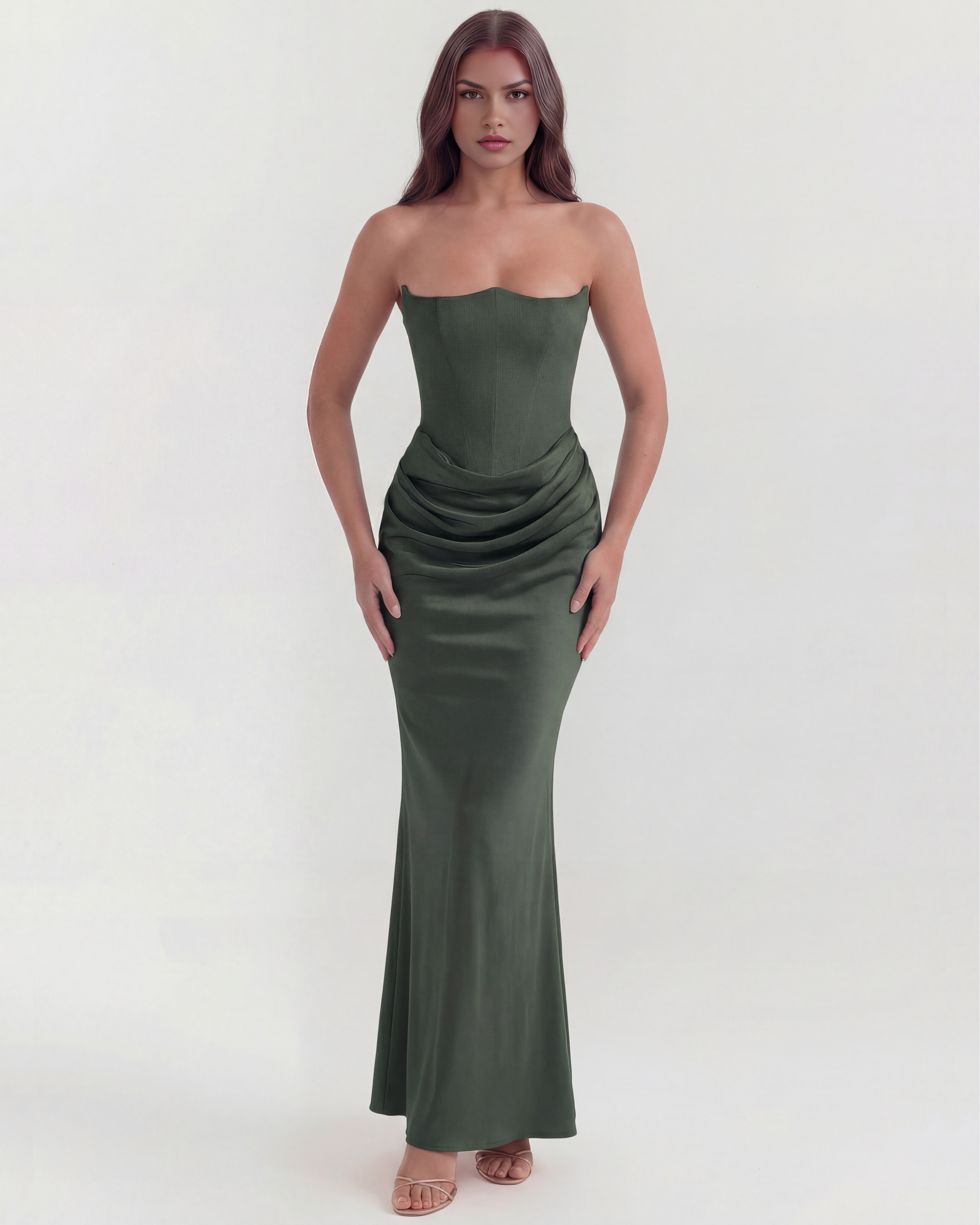 Rosalind Fitted Corset Maxi Evening Dress - Almond