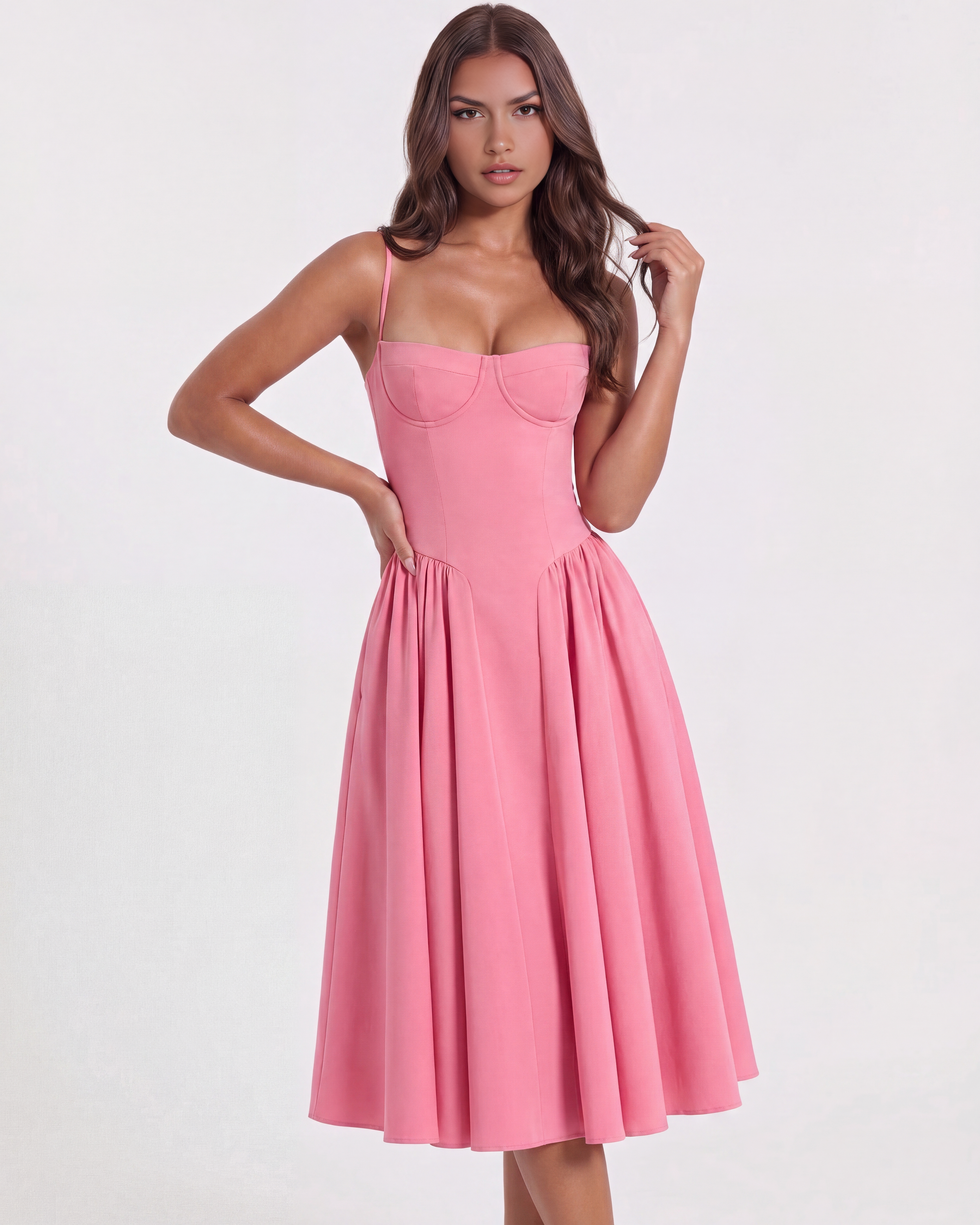 Francesca Fitted Sweetheart Midi Summer Dress - Pink Blossom