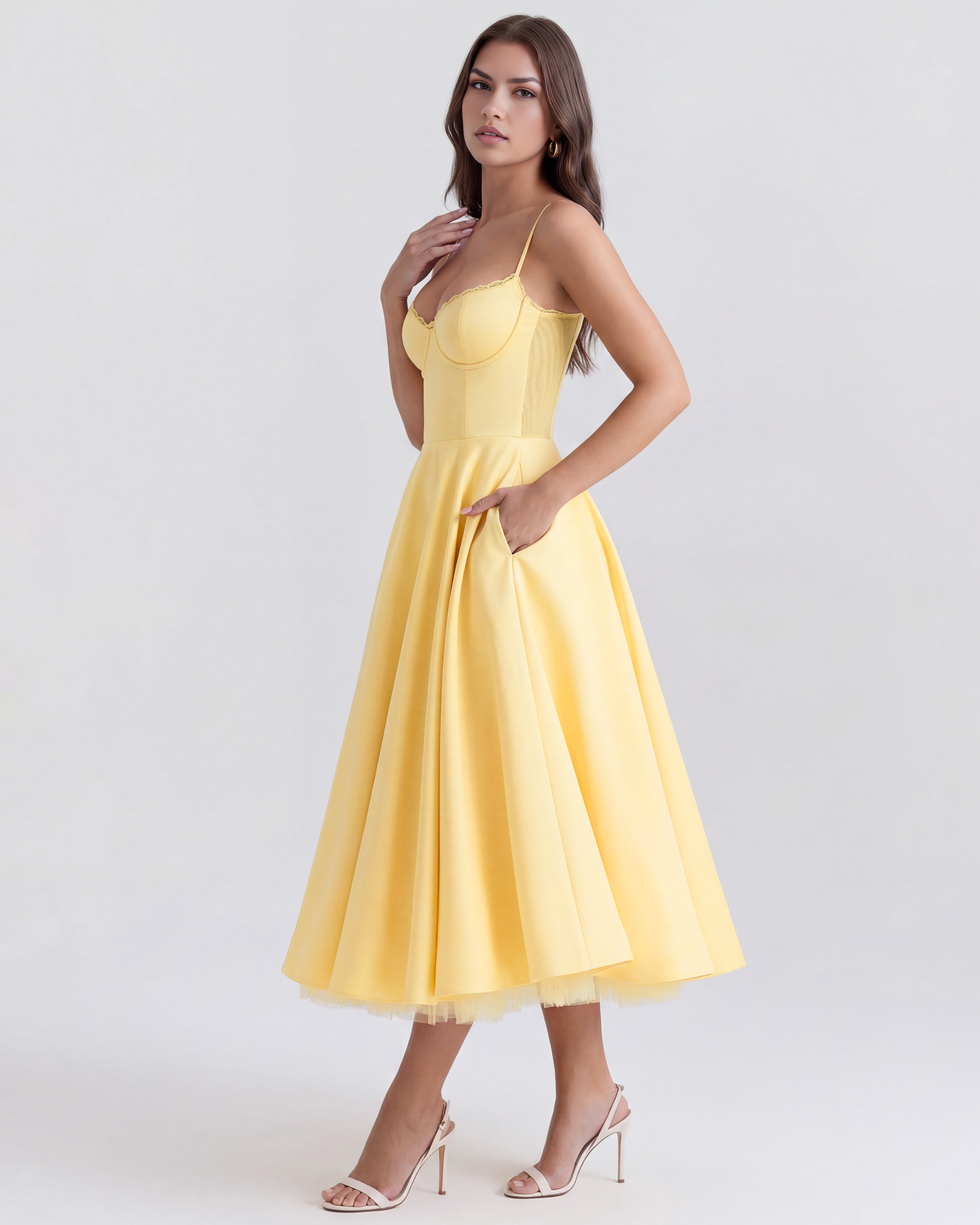 Selene Satin Mesh Midi Wedding Guest Dress - Blush