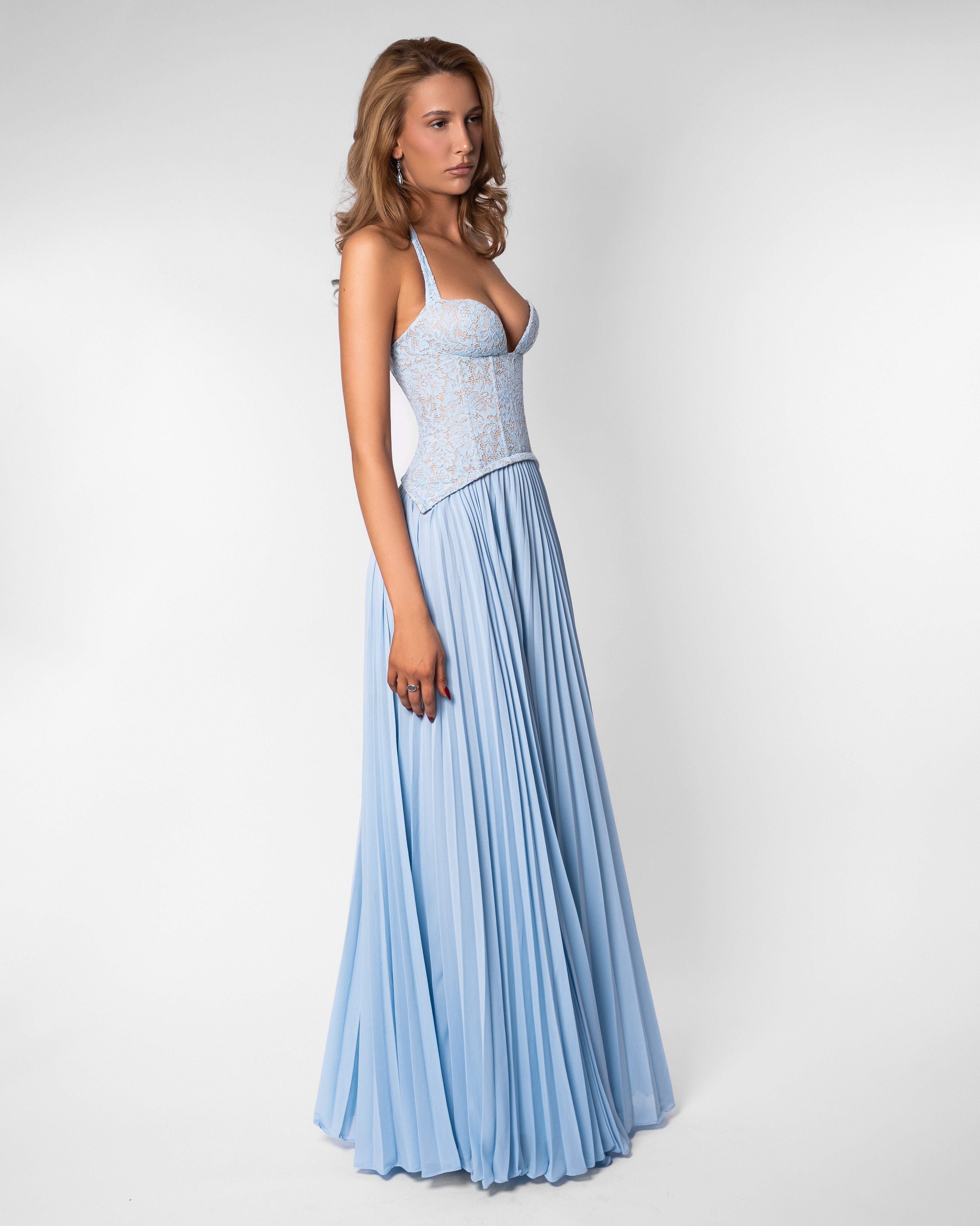 Gaia Lace Pleated Maxi Evening Dress - Soft Blue