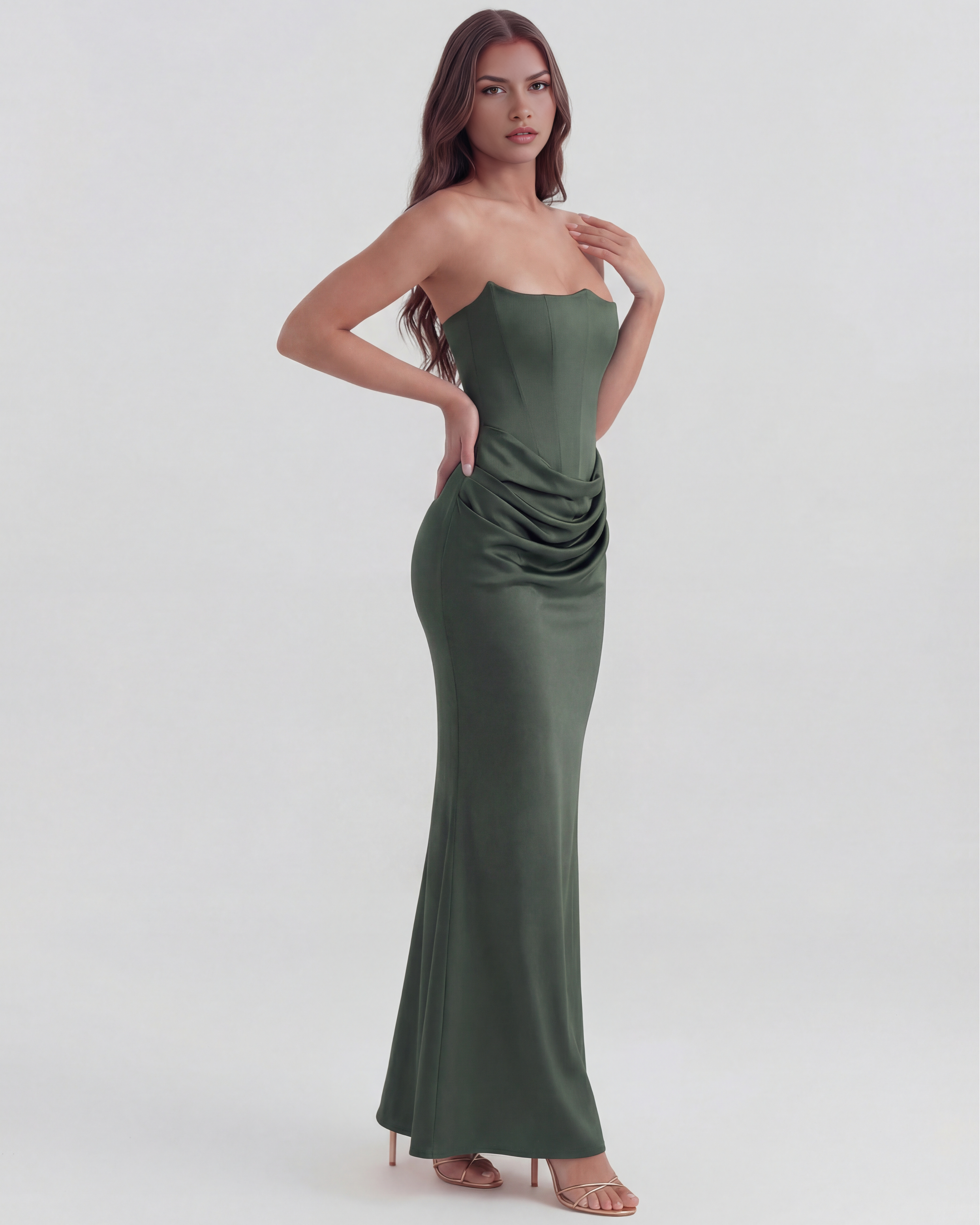 Rosalind Fitted Corset Maxi Evening Dress - Almond