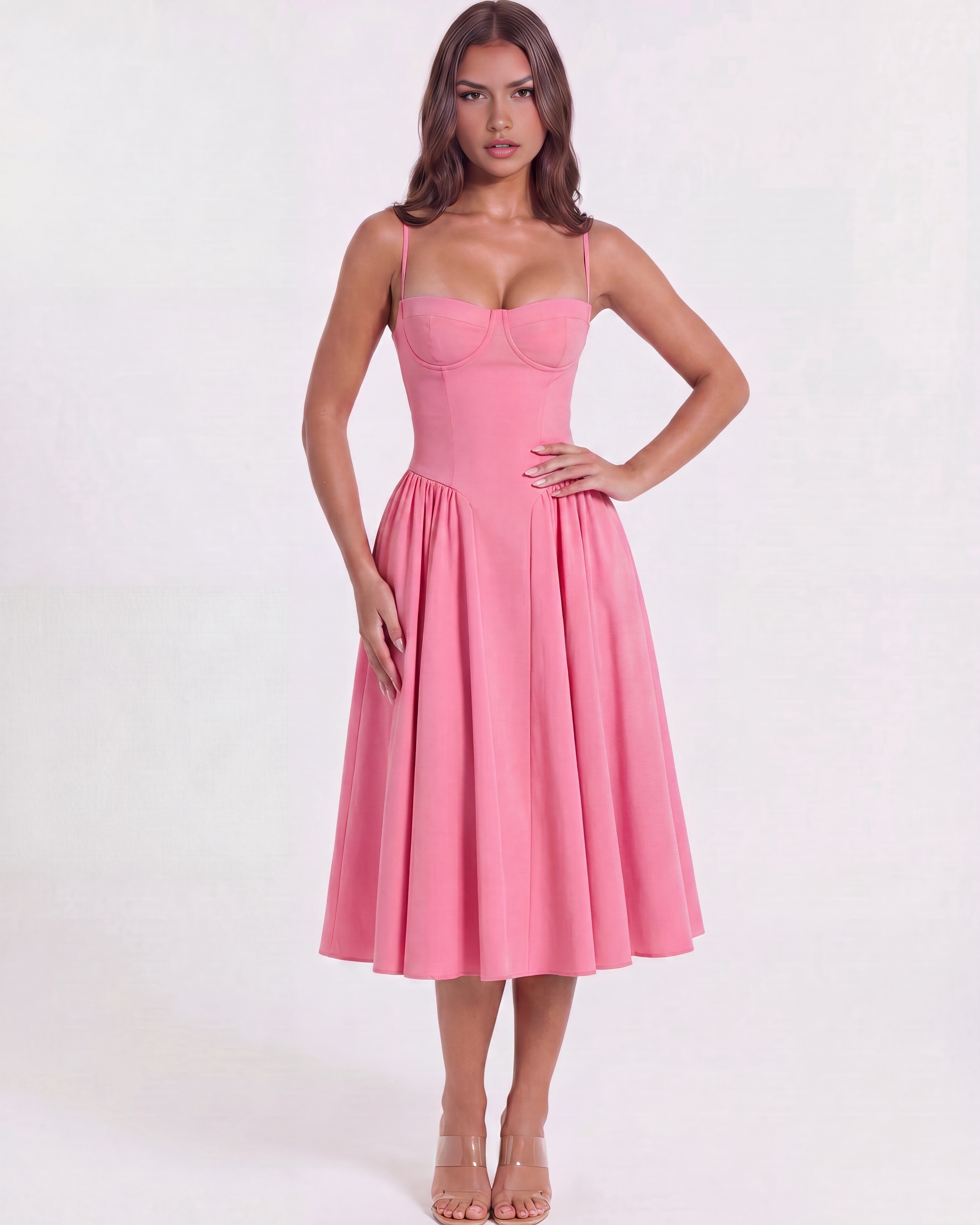 Francesca Fitted Sweetheart Midi Summer Dress - Pink Blossom