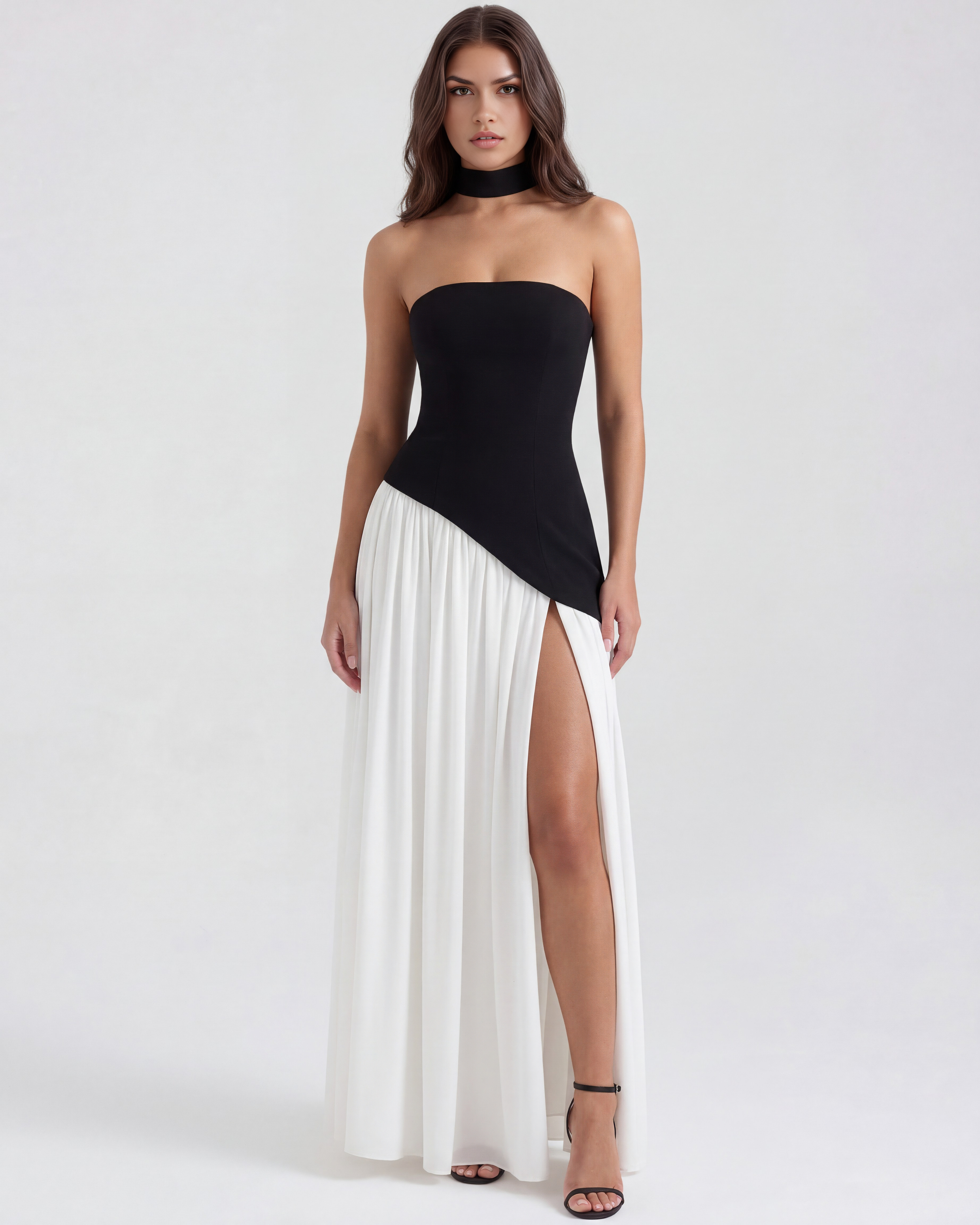 Serena Strapless Maxi Formal Dress - Black and White