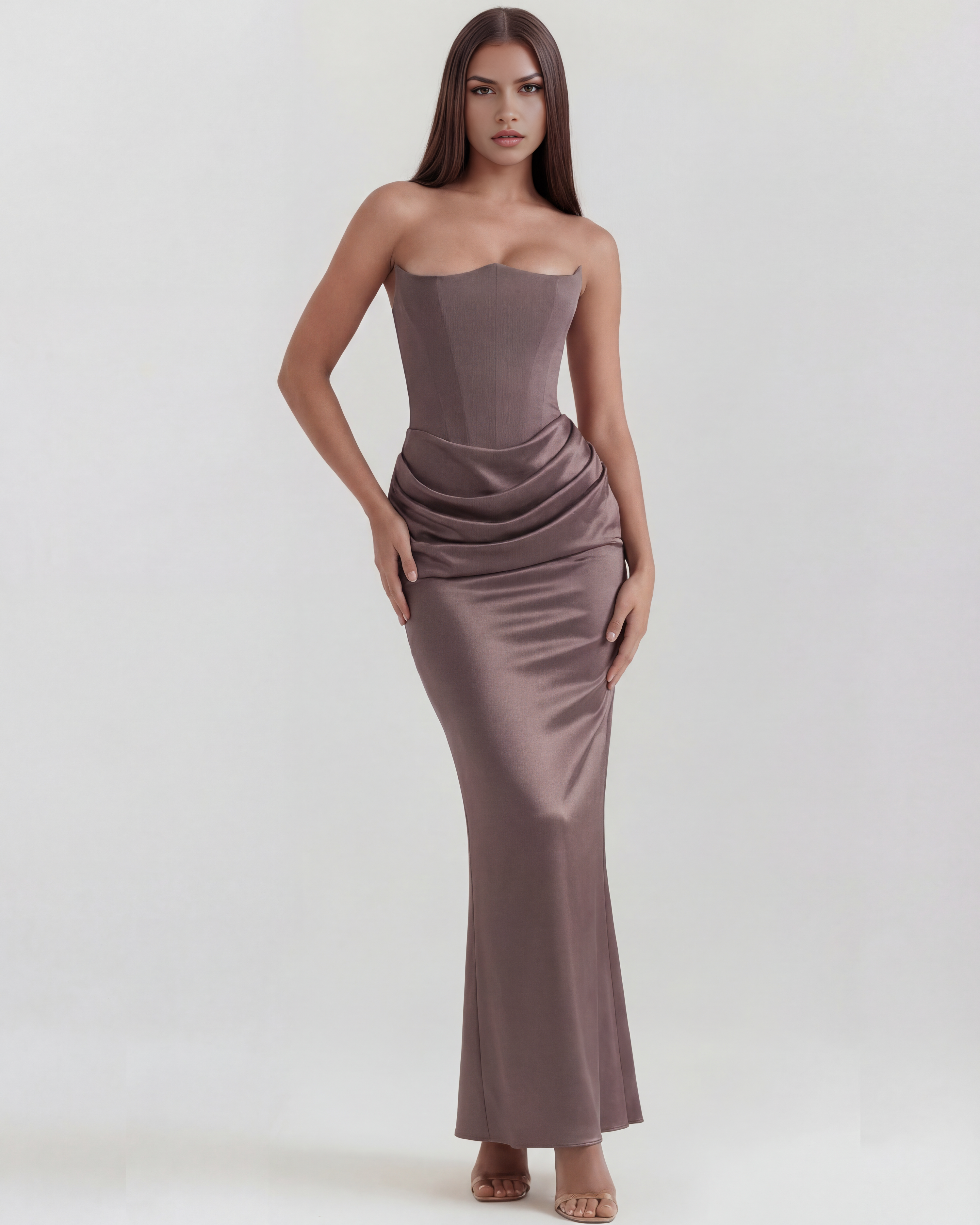 Rosalind Corset Fitted Maxi Evening Dress - Almond