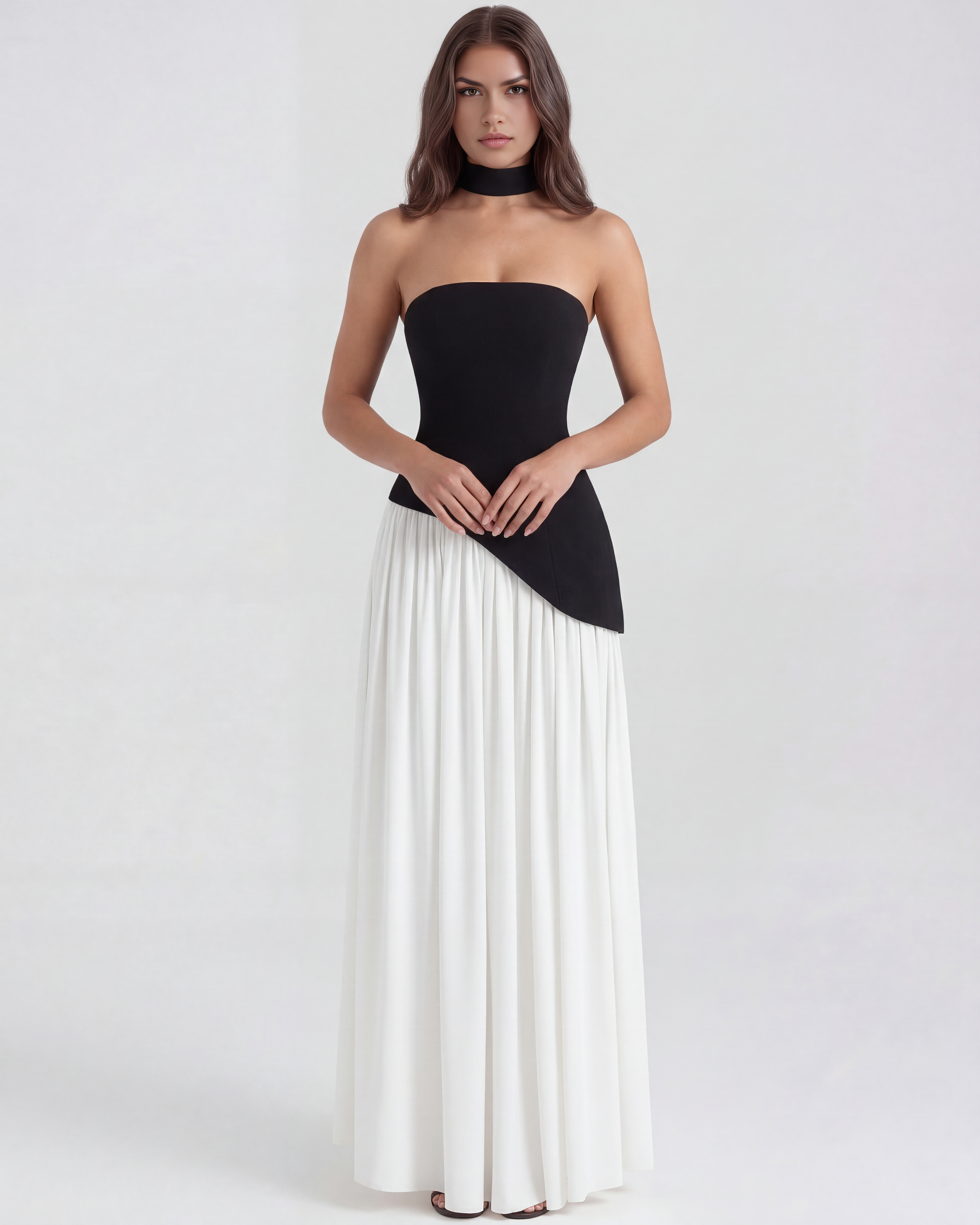 Serena Strapless Maxi Formal Dress - Black and White