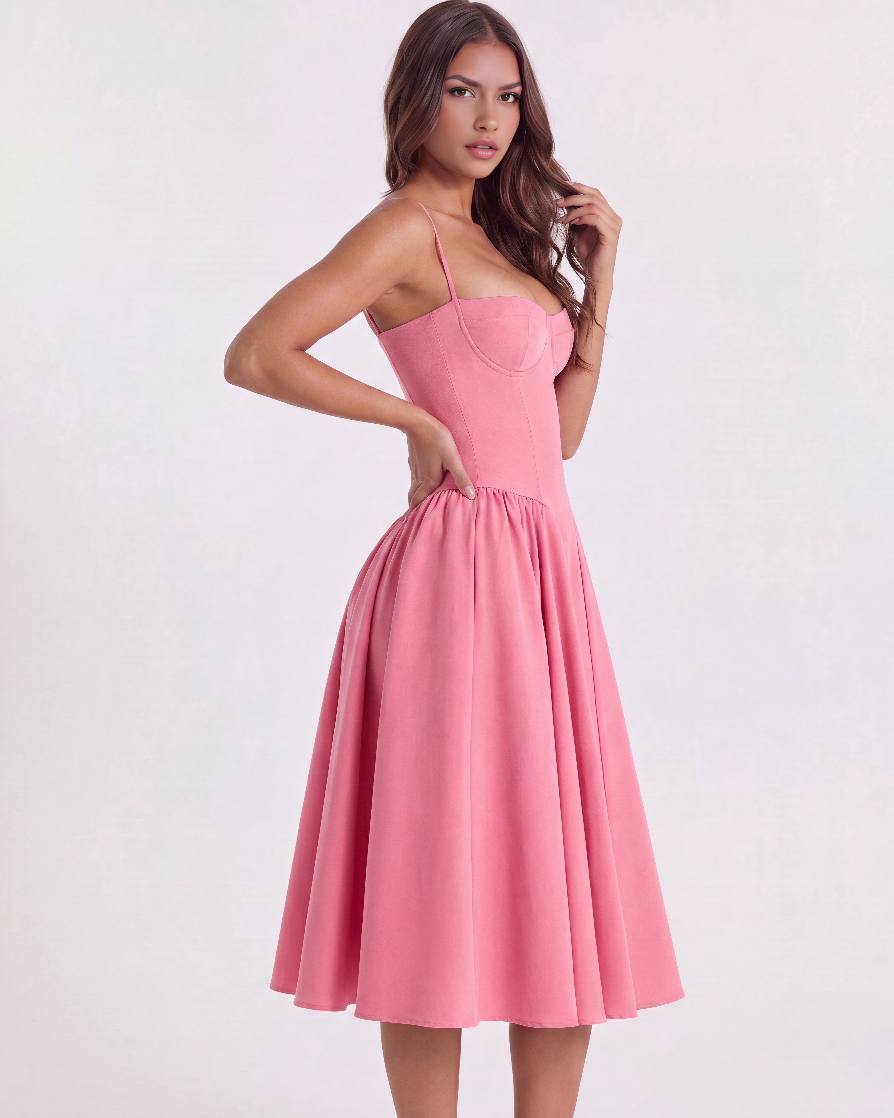 Francesca Fitted Sweetheart Midi Summer Dress - Pink Blossom