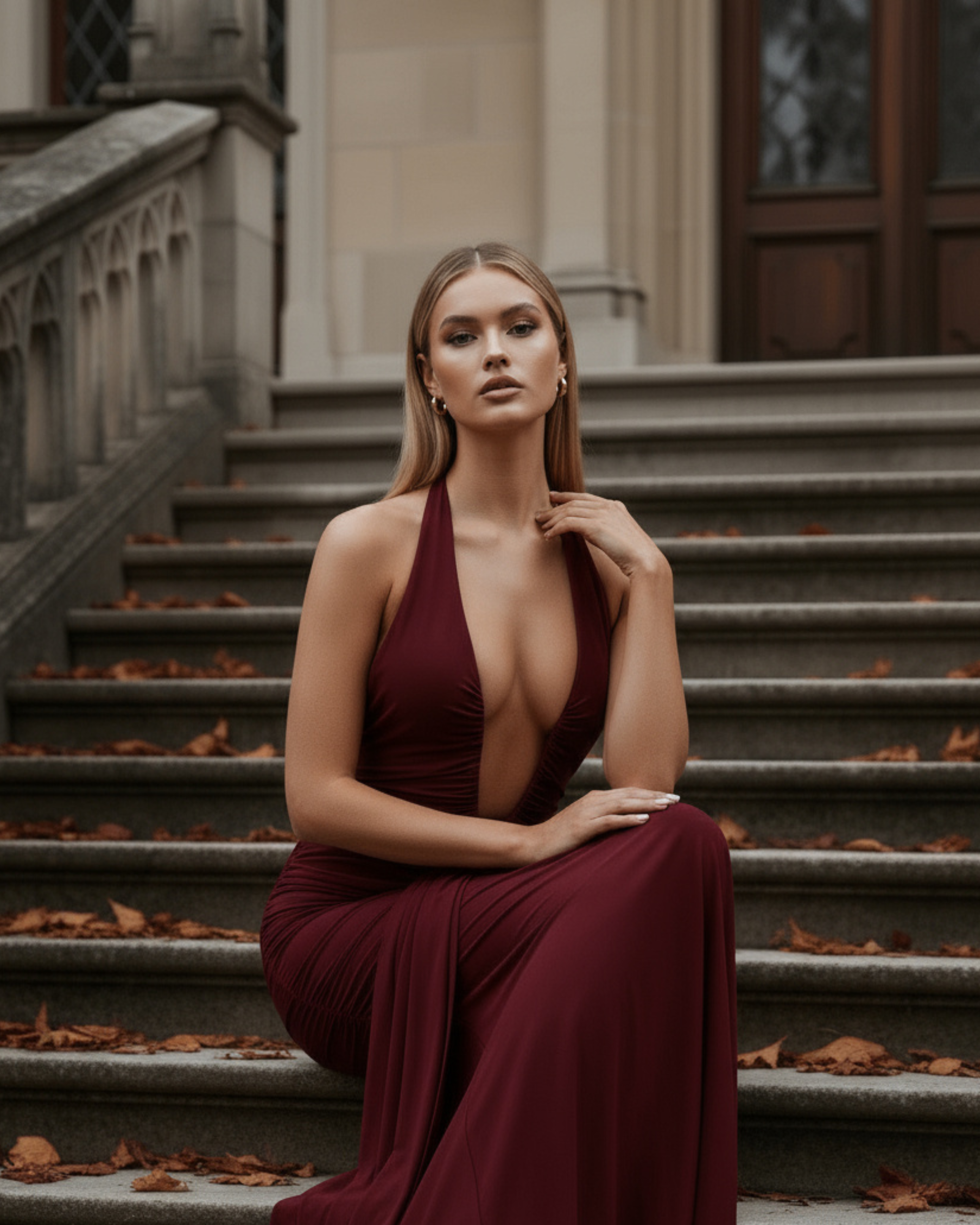 Ariel Ruched Halter Maxi Evening Dress - Burgundy