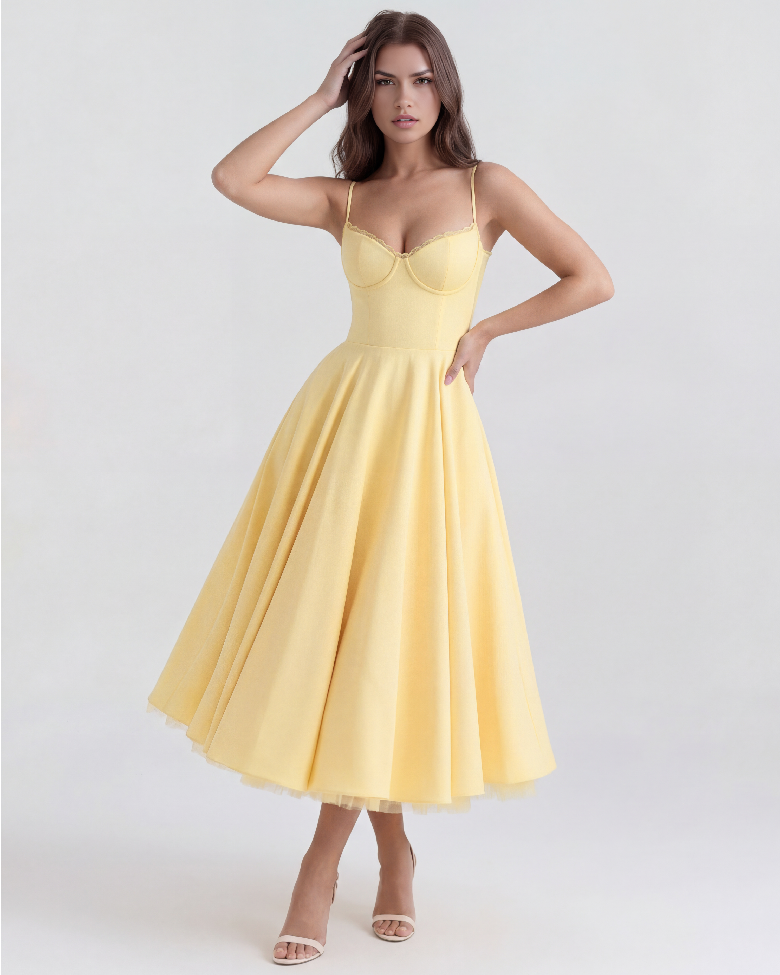 Selene Satin Mesh Midi Wedding Guest Dress - Blush