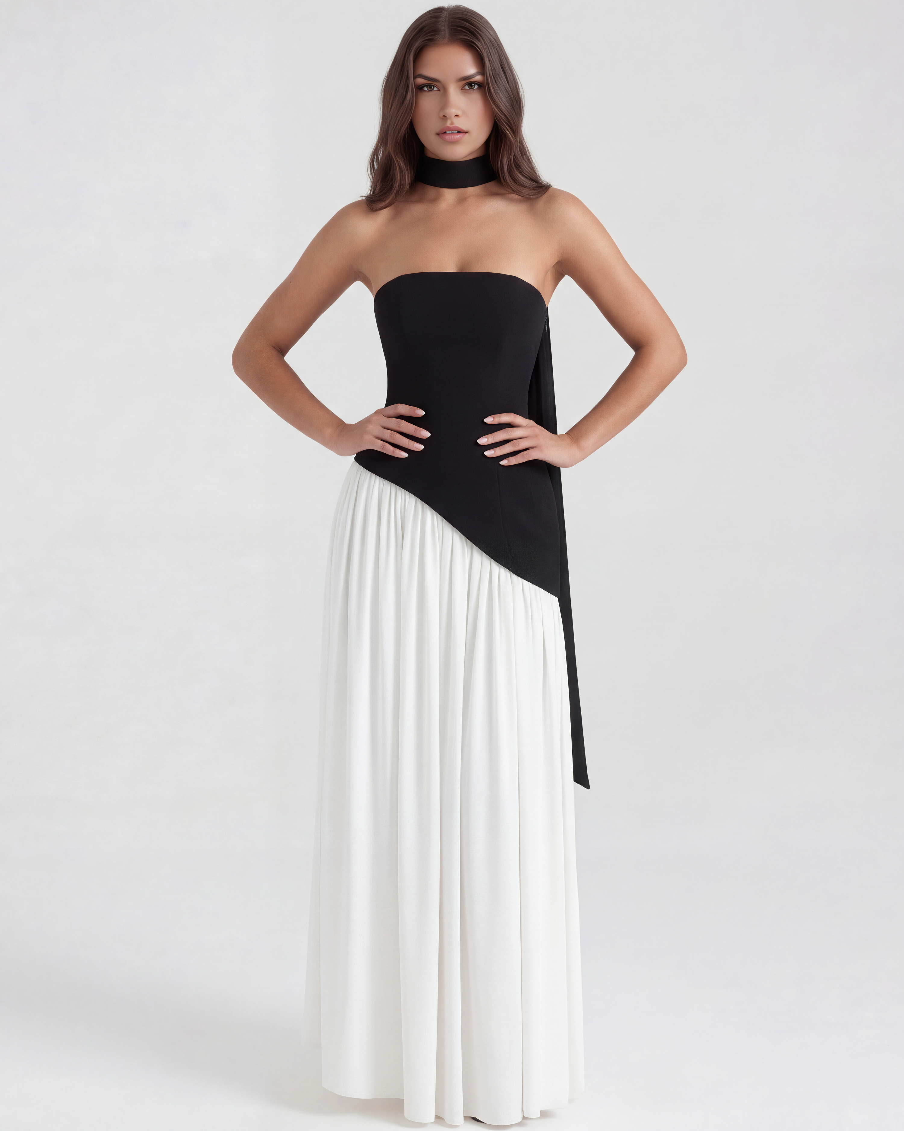 Serena Strapless Maxi Formal Dress - Black and White