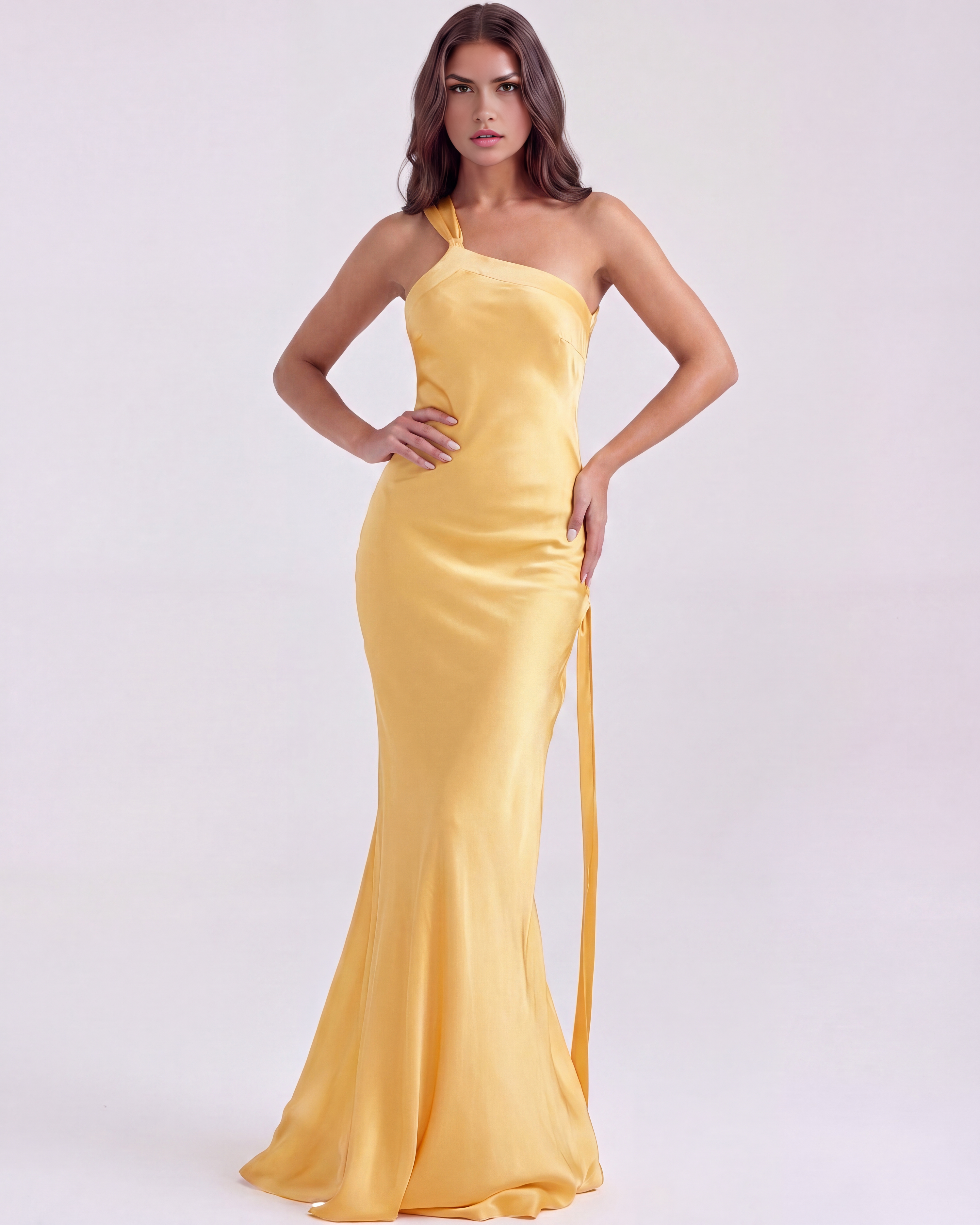 Amara One-Shoulder Fitted Maxi Wedding Guest Dress - Butter Yellow