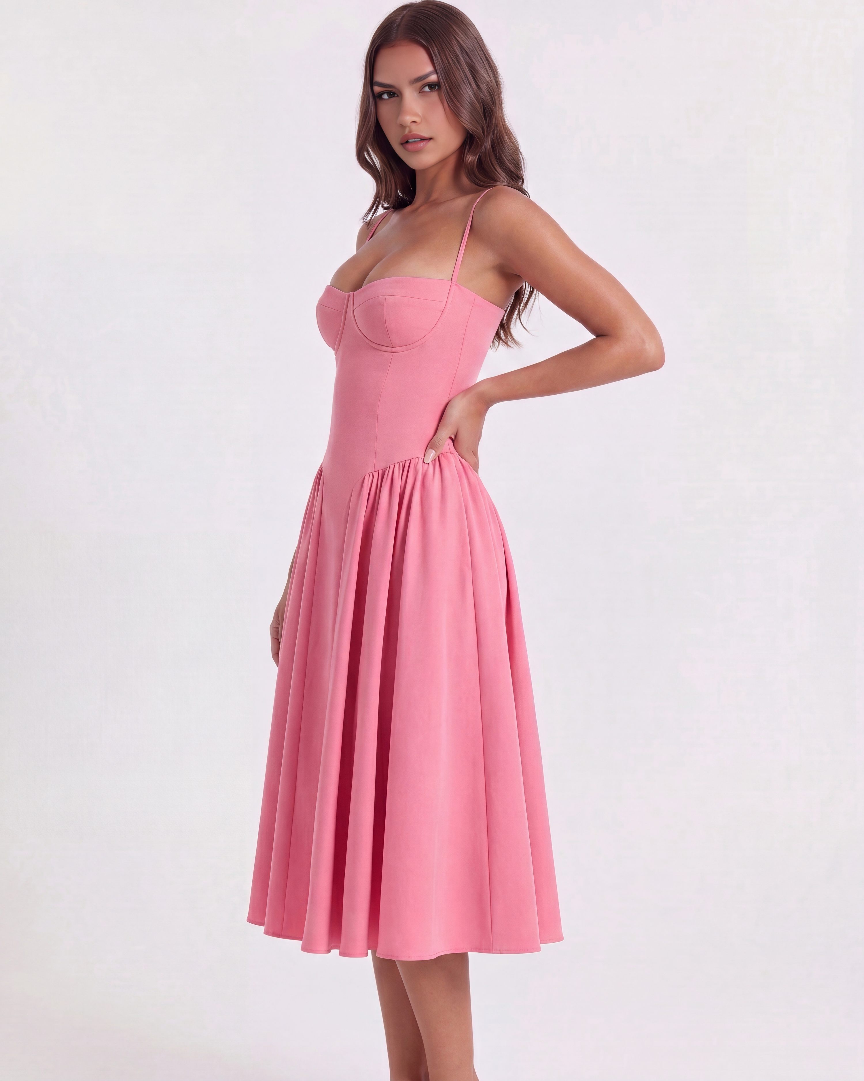 Francesca Fitted Sweetheart Midi Summer Dress - Pink Blossom