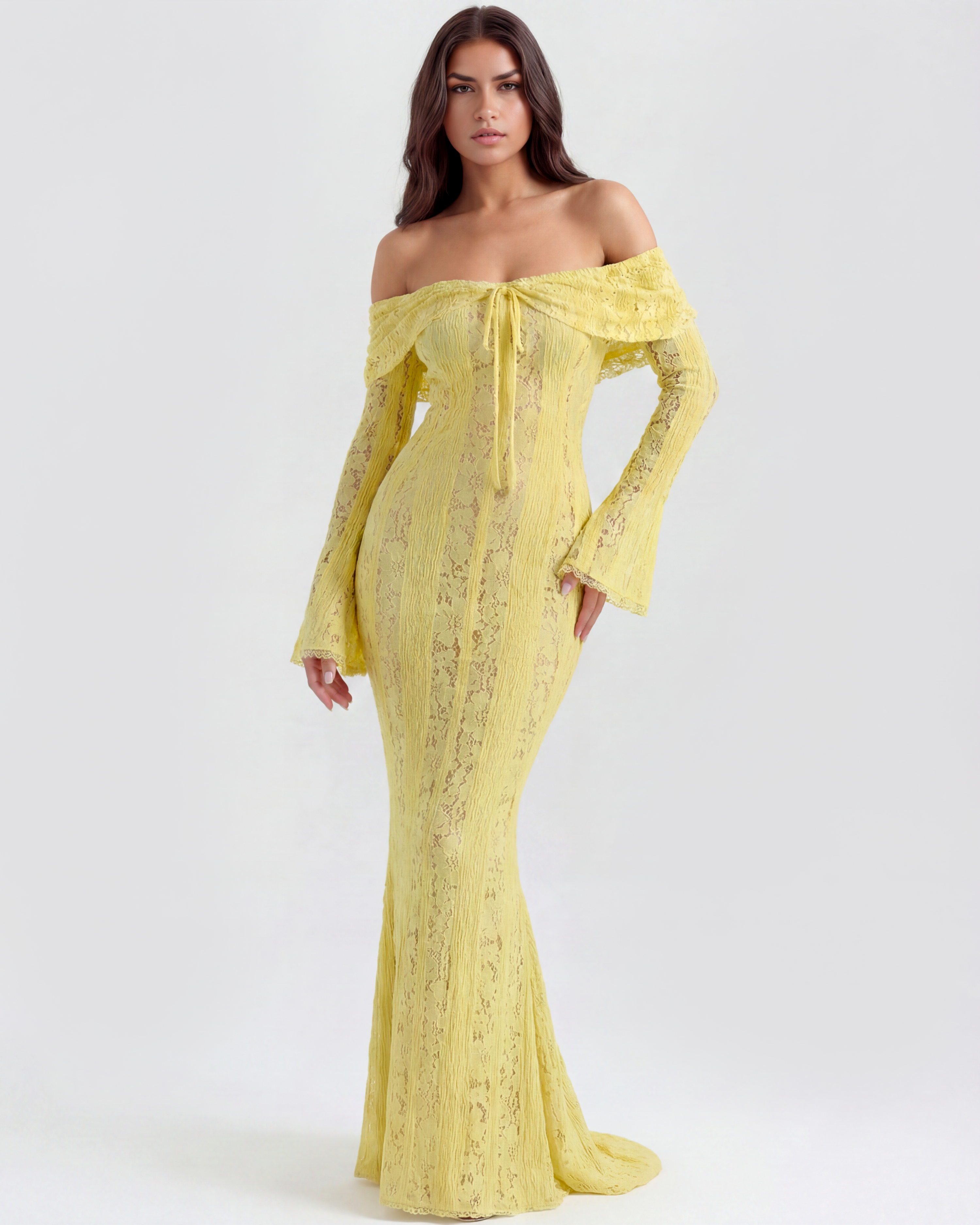 Alessandra Floral Lace Maxi Evening Dress - Yellow