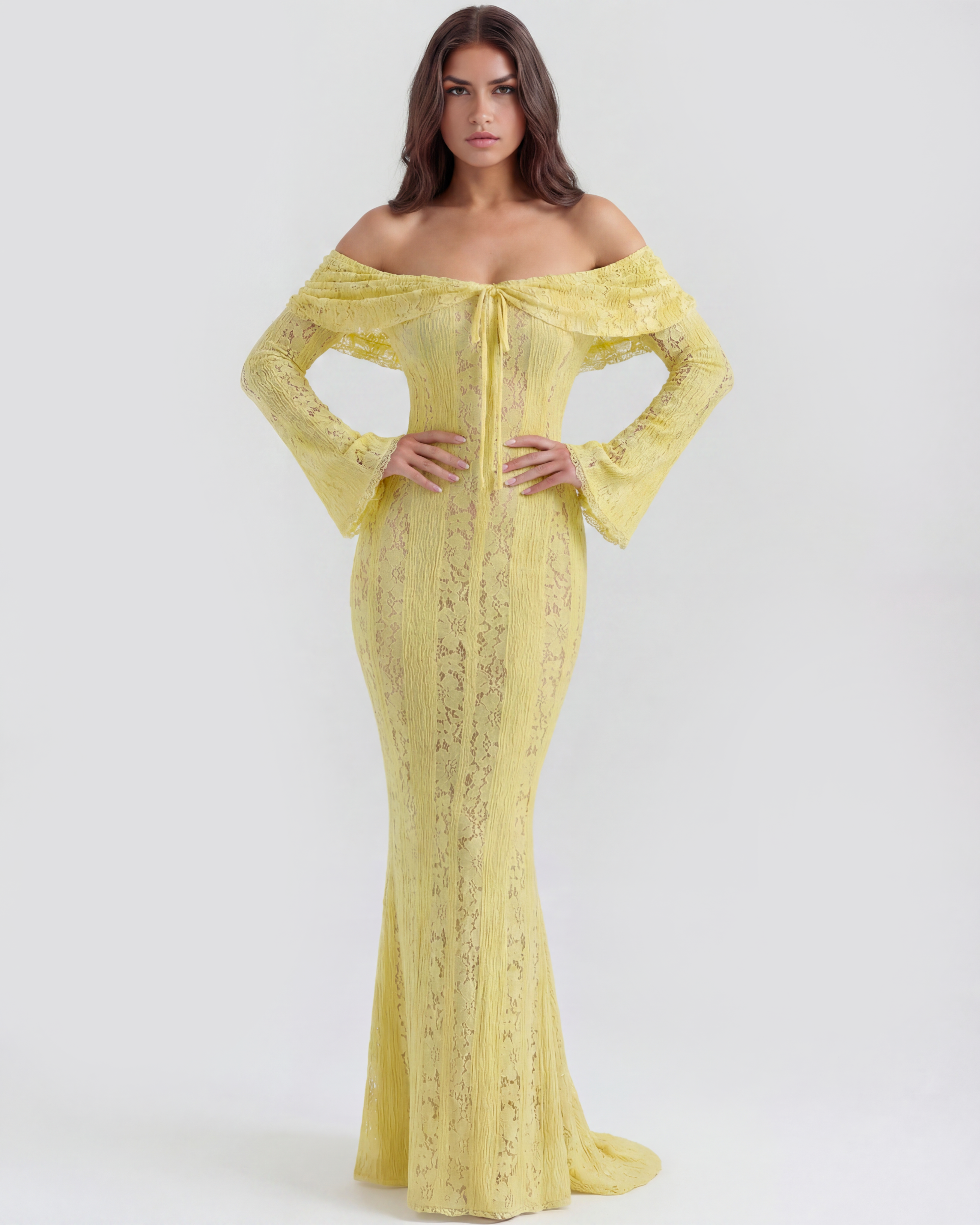 Alessandra Floral Lace Maxi Evening Dress - Yellow