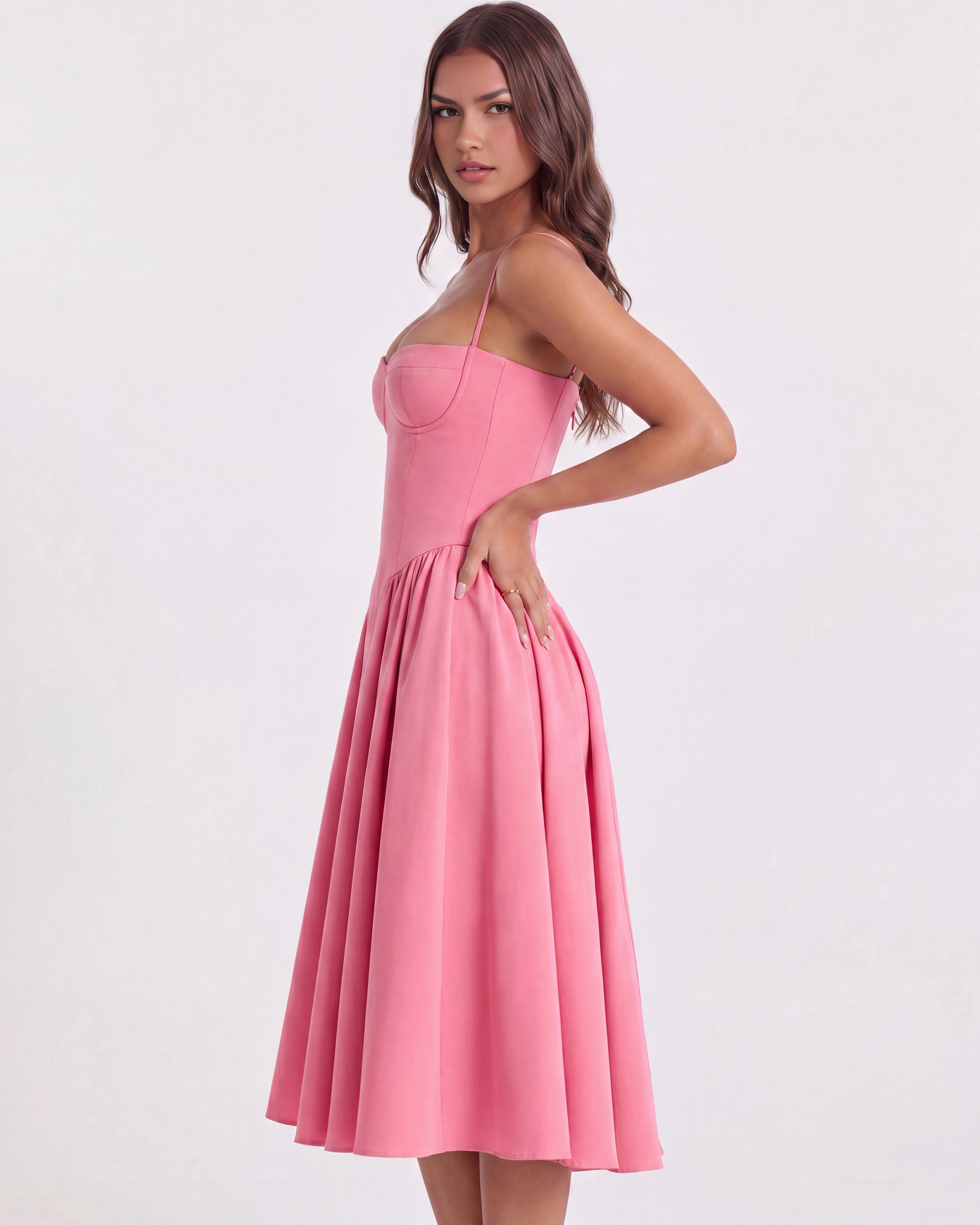 Francesca Fitted Sweetheart Midi Summer Dress - Pink Blossom