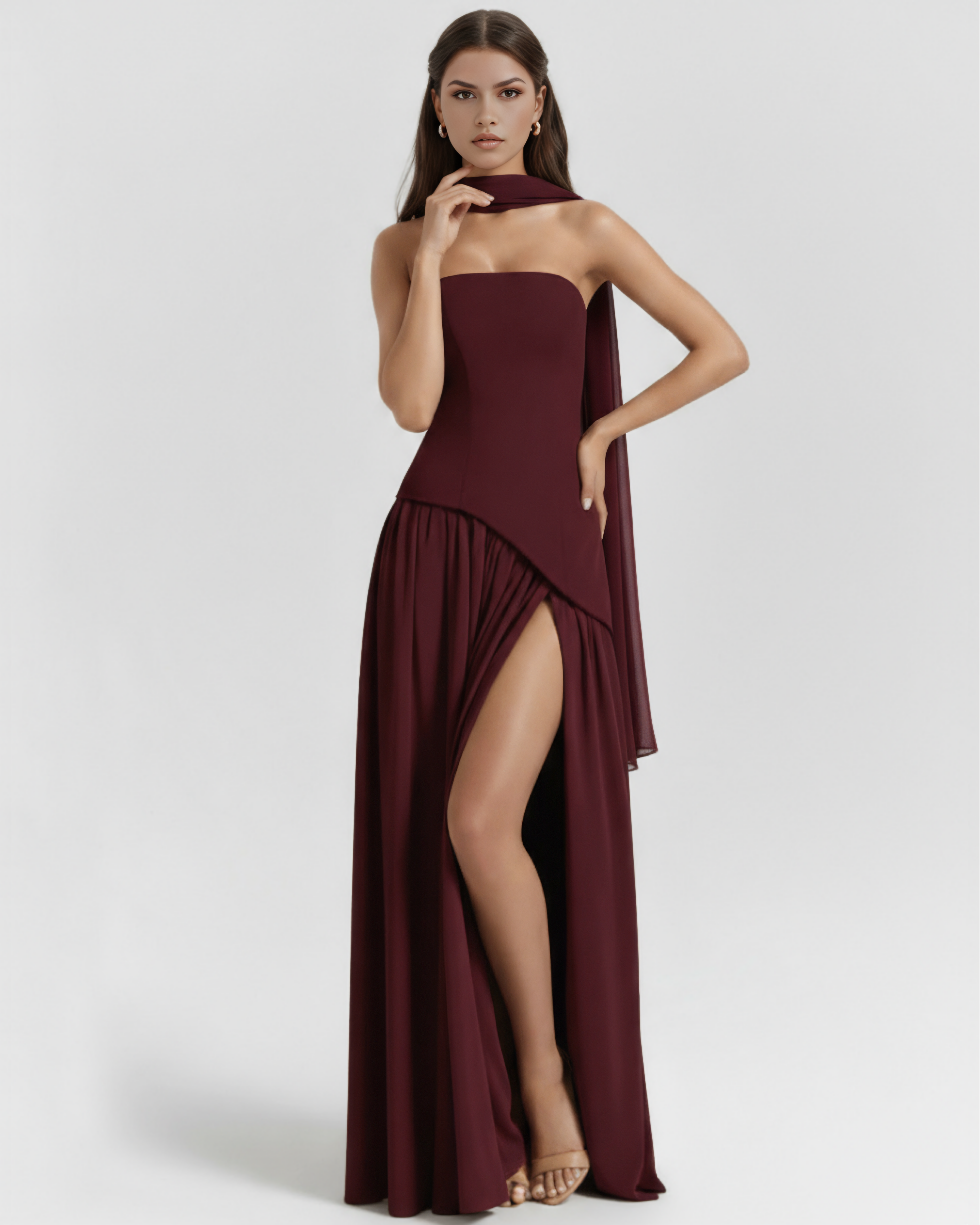 Serena Fitted Lace-Up Maxi Formal Dress - Deep Cherry Lacquer