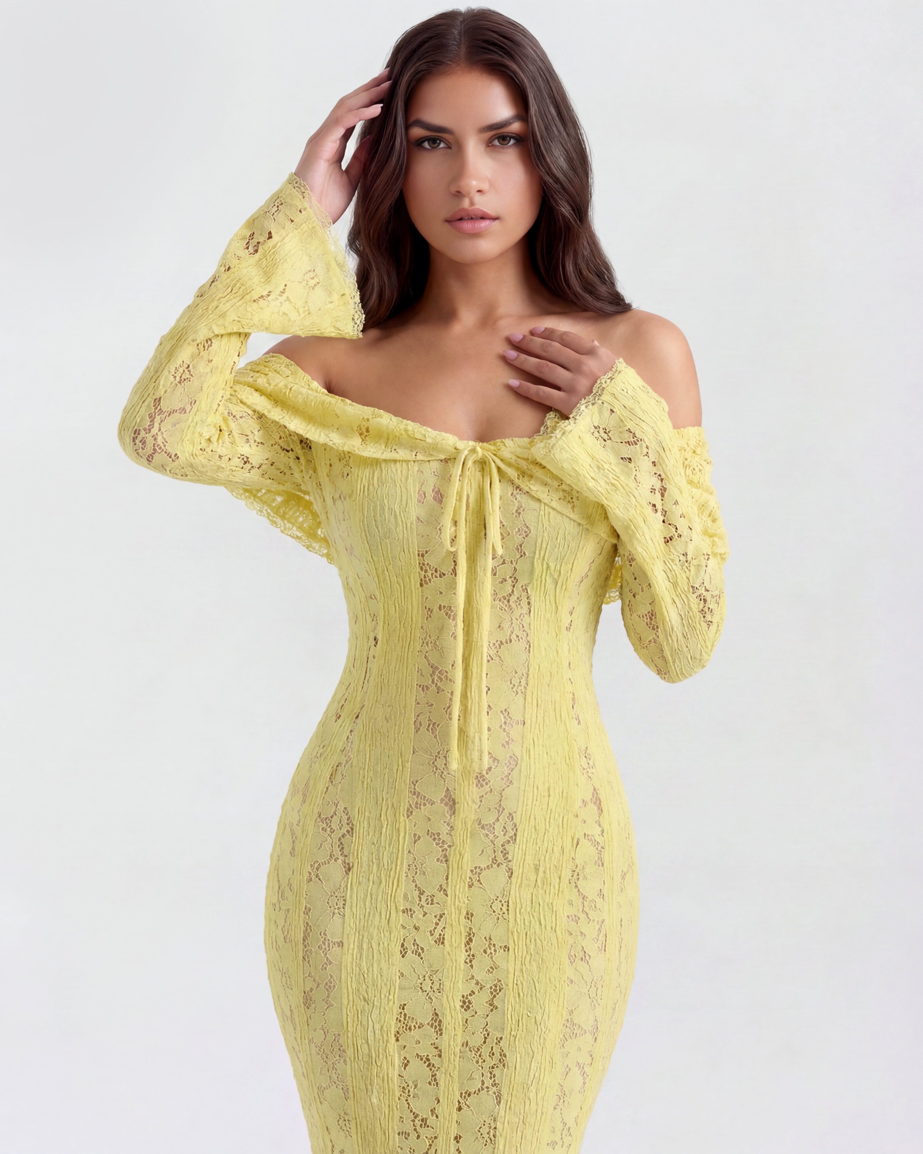 Alessandra Floral Lace Maxi Evening Dress - Yellow