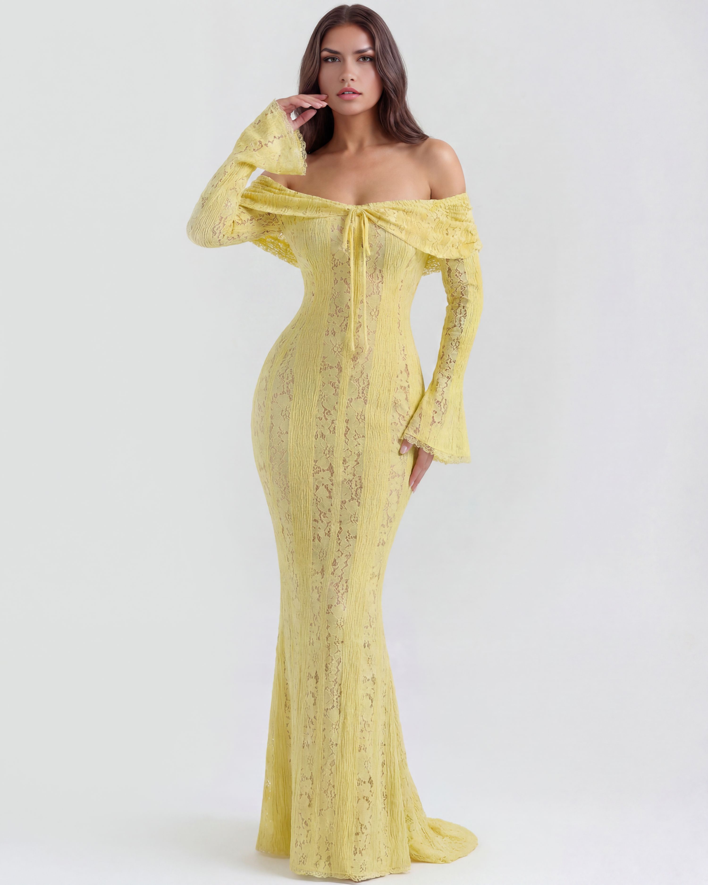 Alessandra Floral Lace Maxi Evening Dress - Yellow