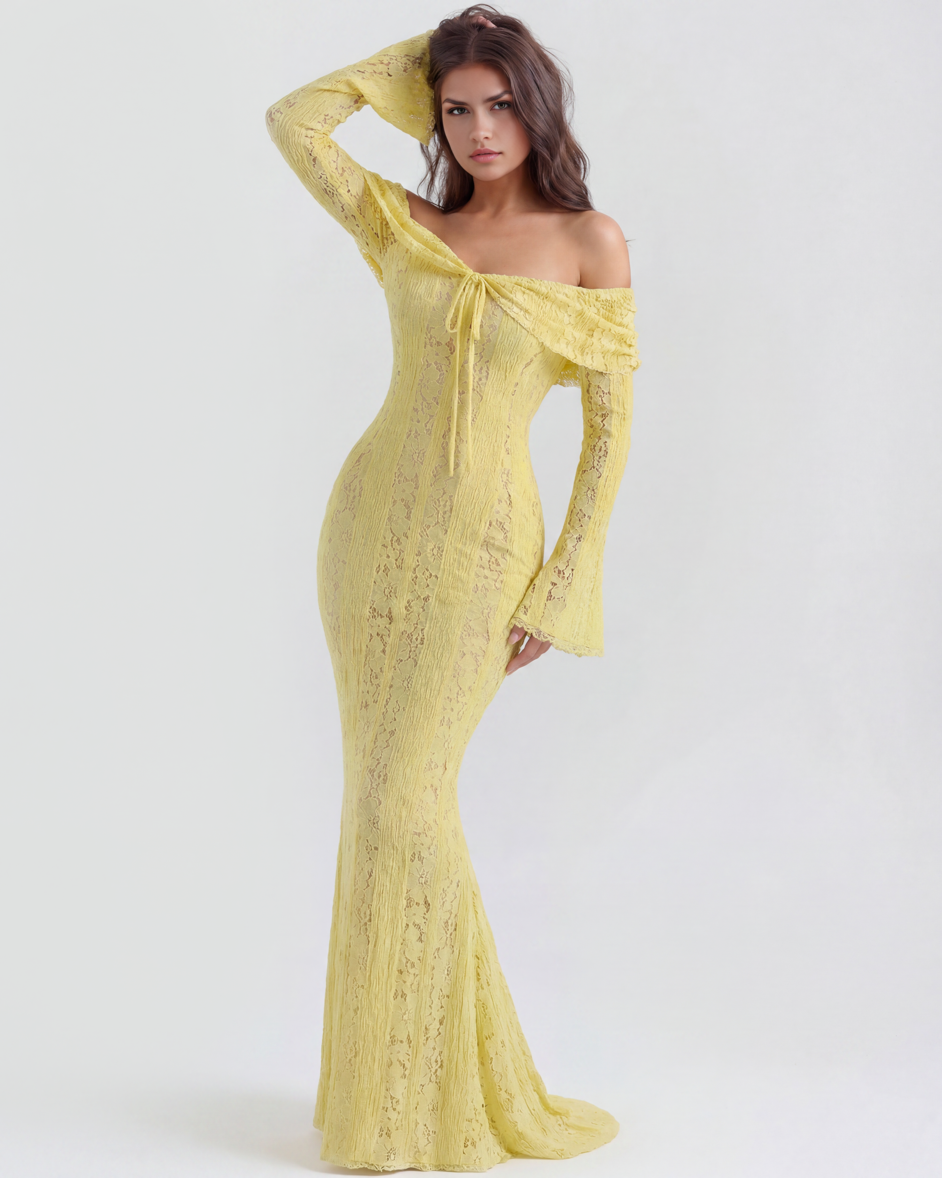 Alessandra Floral Lace Maxi Evening Dress - Yellow