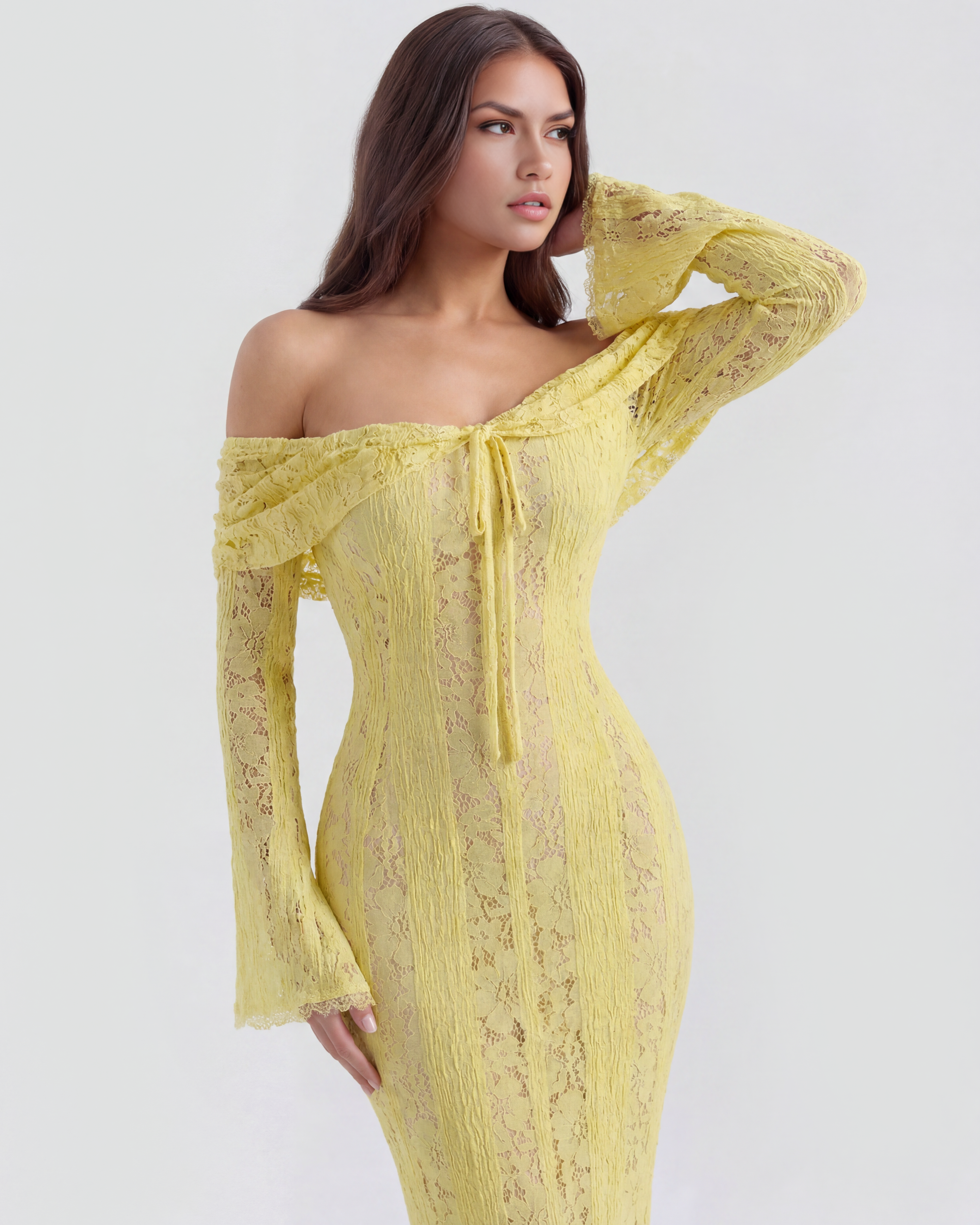 Alessandra Floral Lace Maxi Evening Dress - Yellow