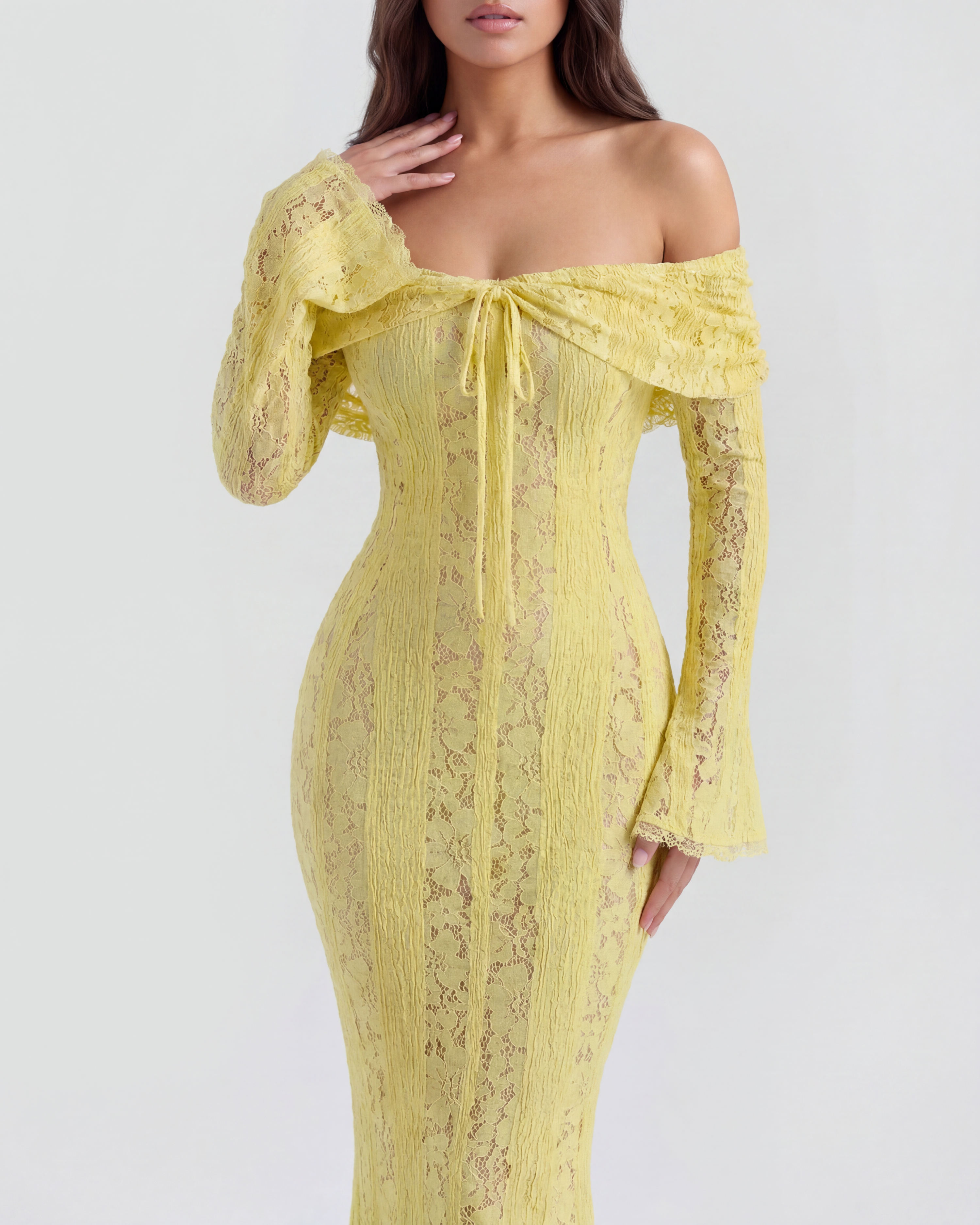 Alessandra Floral Lace Maxi Evening Dress - Yellow