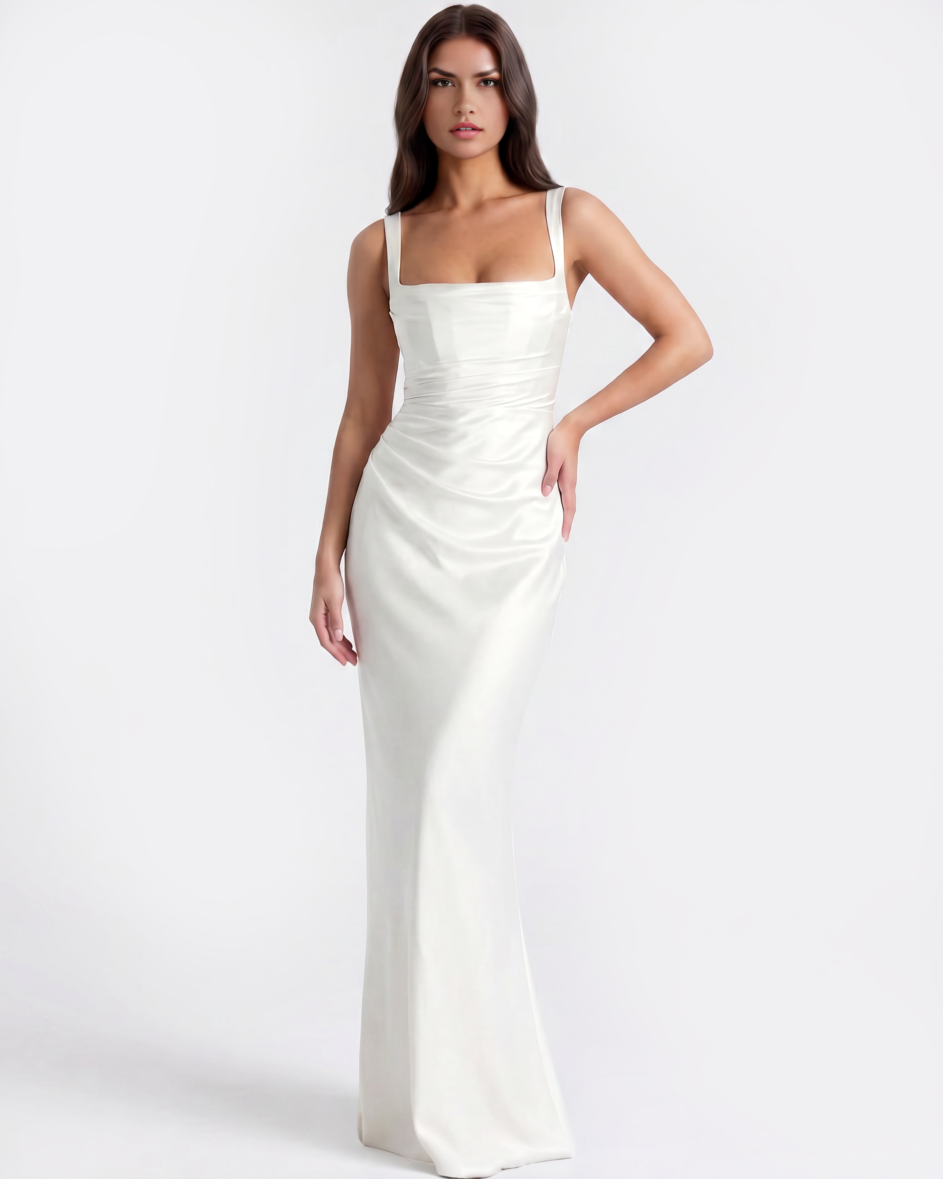 Adrienne Pleated Satin Maxi Wedding Guest Dress - White