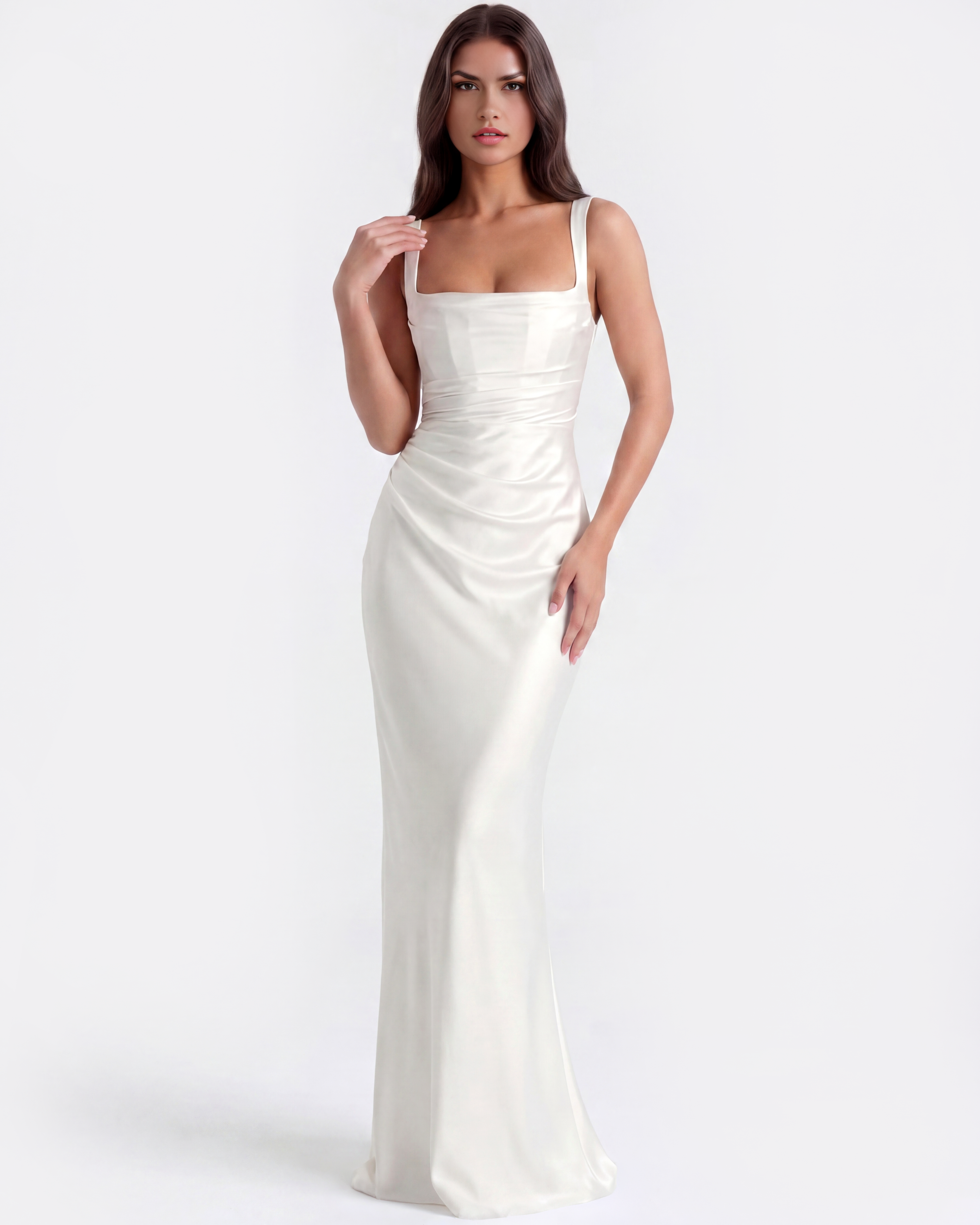 Adrienne Pleated Satin Maxi Wedding Guest Dress - White