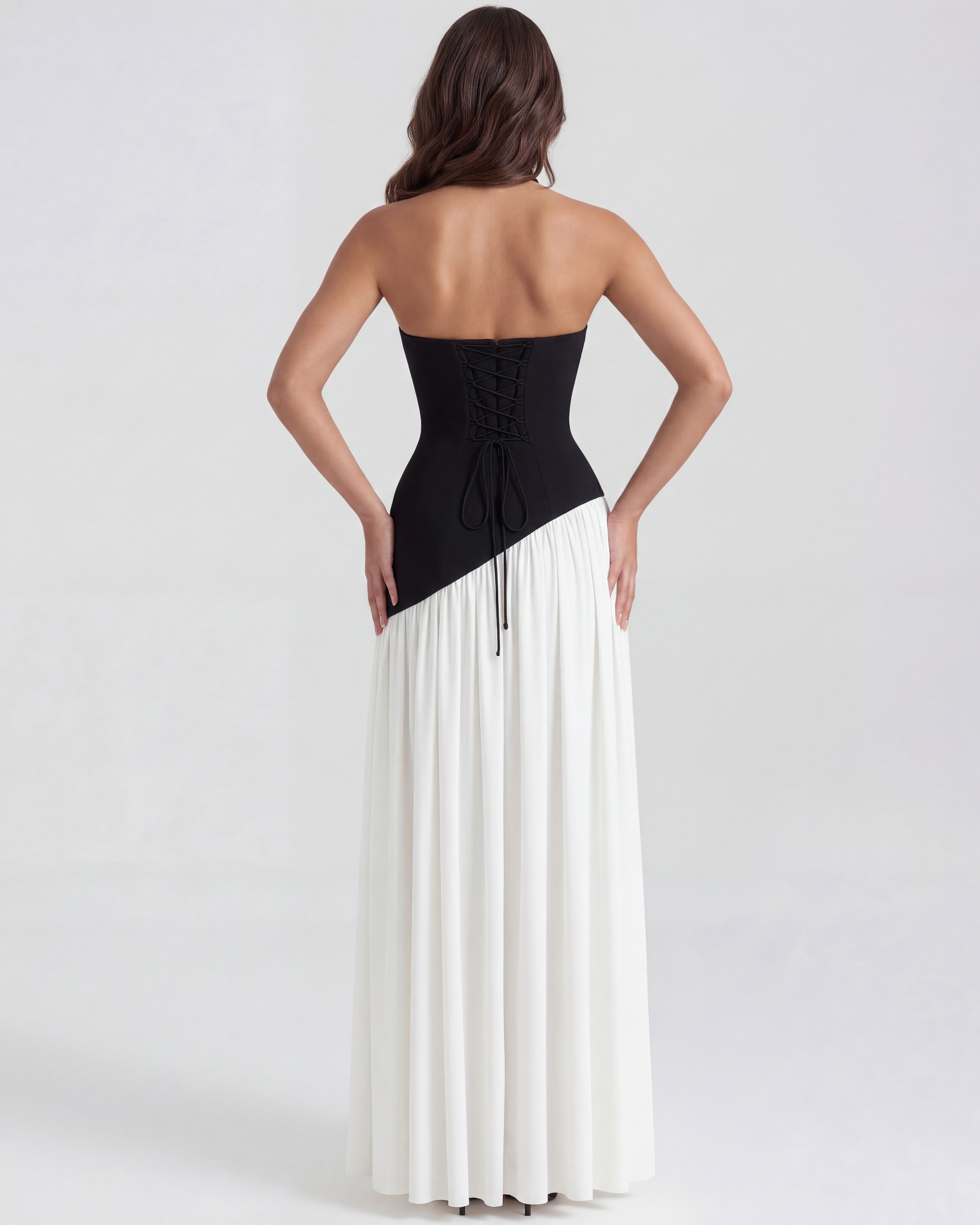 Serena Strapless Maxi Formal Dress - Black and White