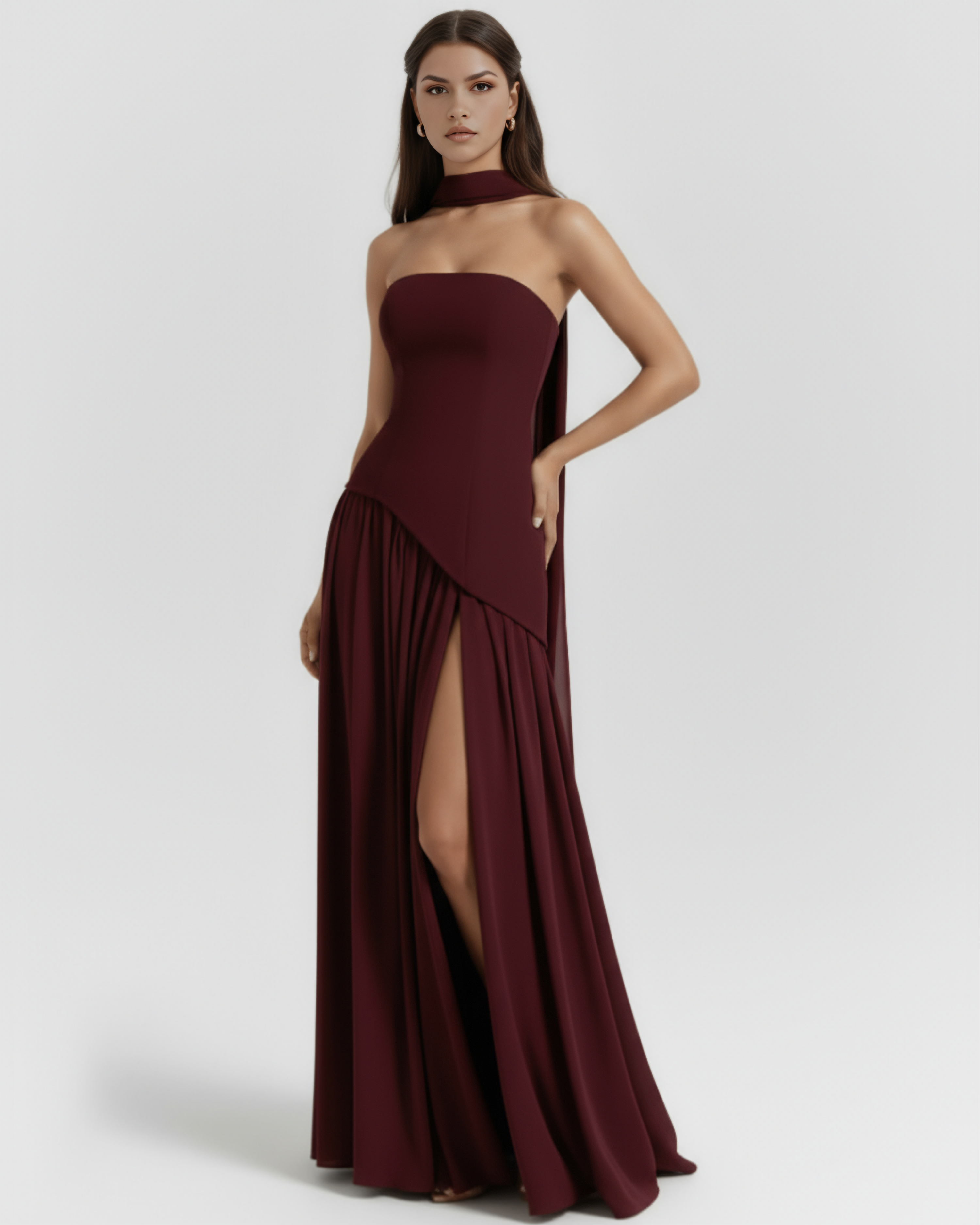 Serena Fitted Lace-Up Maxi Formal Dress - Deep Cherry Lacquer