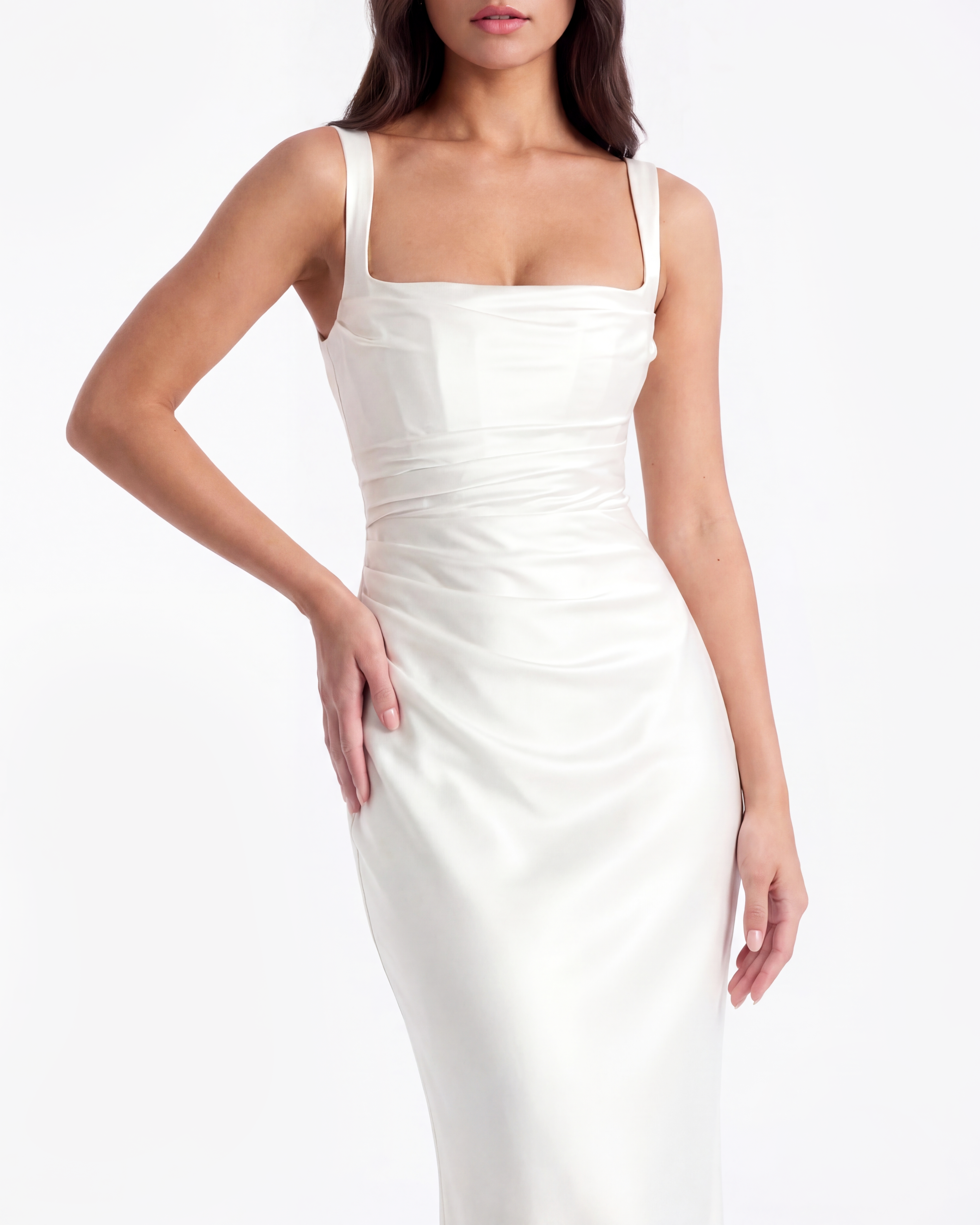 Adrienne Pleated Satin Maxi Wedding Guest Dress - White