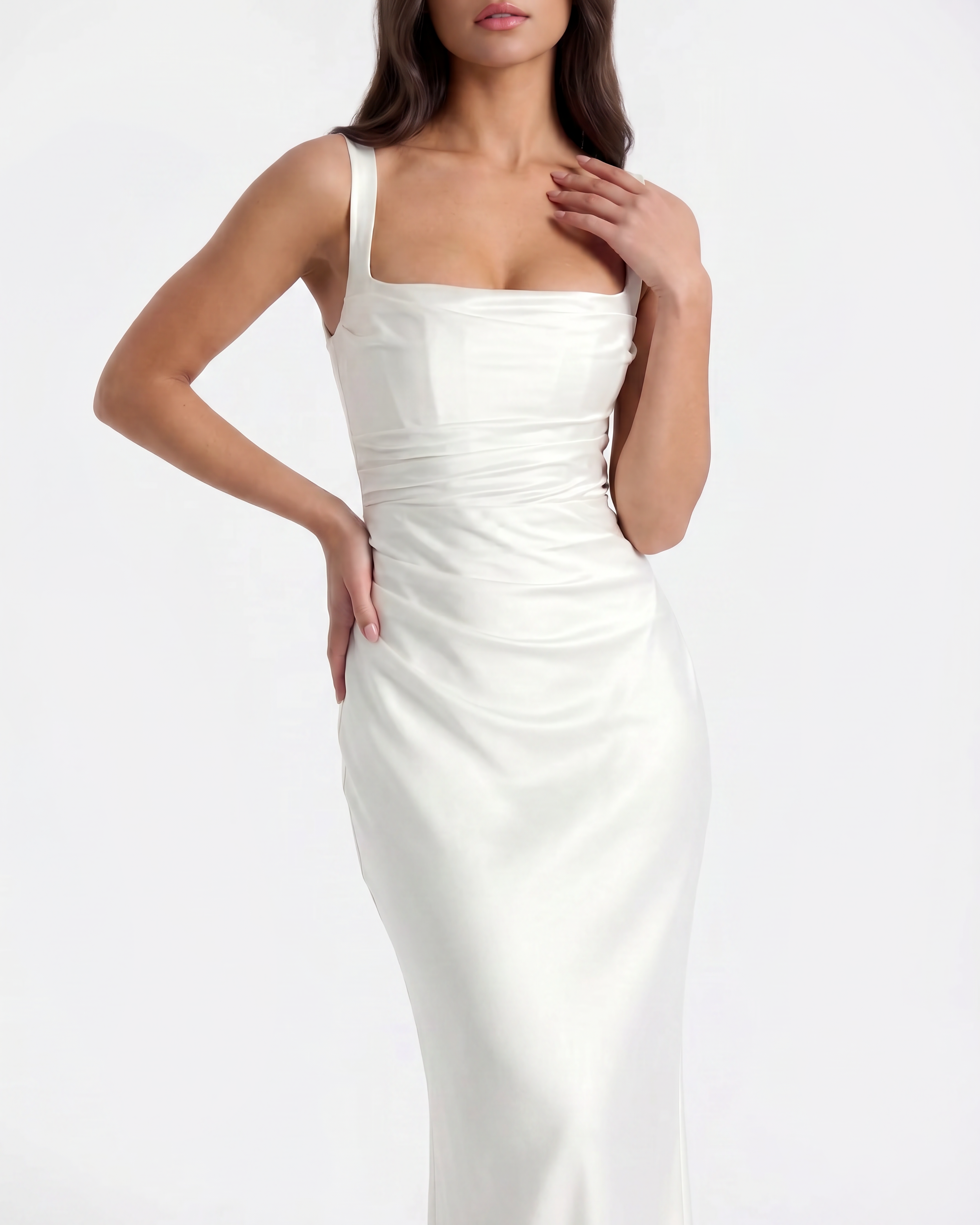 Adrienne Pleated Satin Maxi Wedding Guest Dress - White