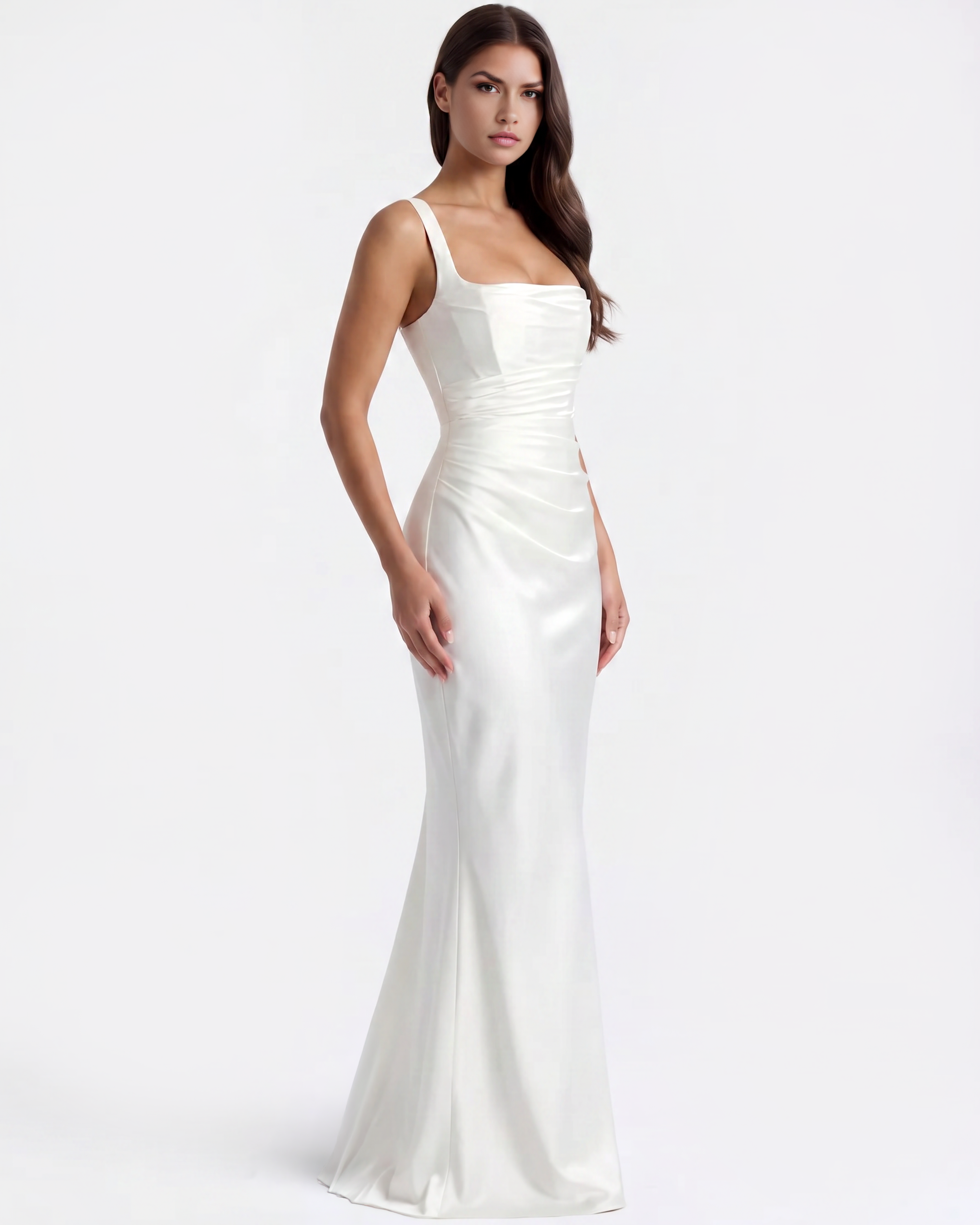 Adrienne Pleated Satin Maxi Wedding Guest Dress - White