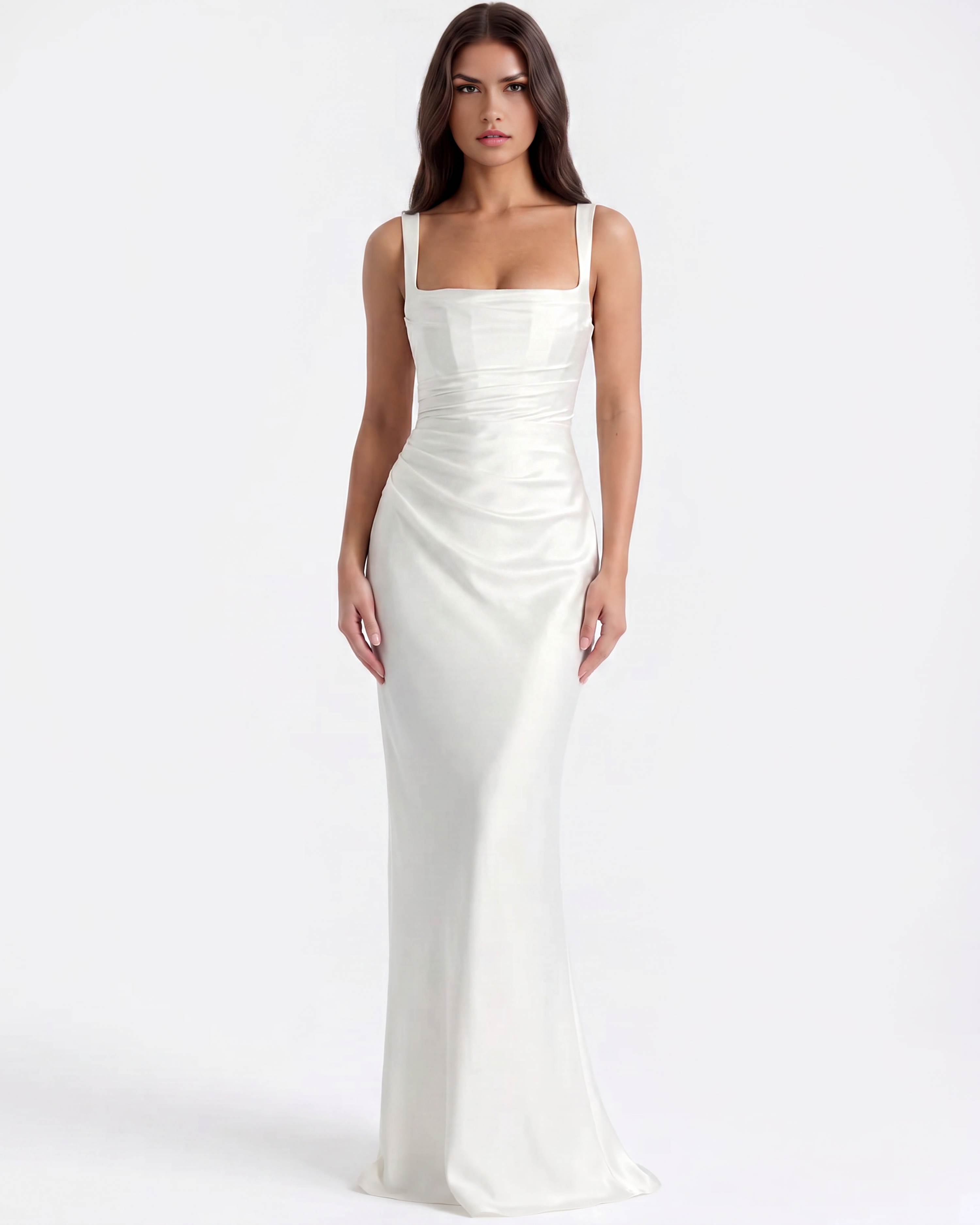 Adrienne Pleated Satin Maxi Wedding Guest Dress - White
