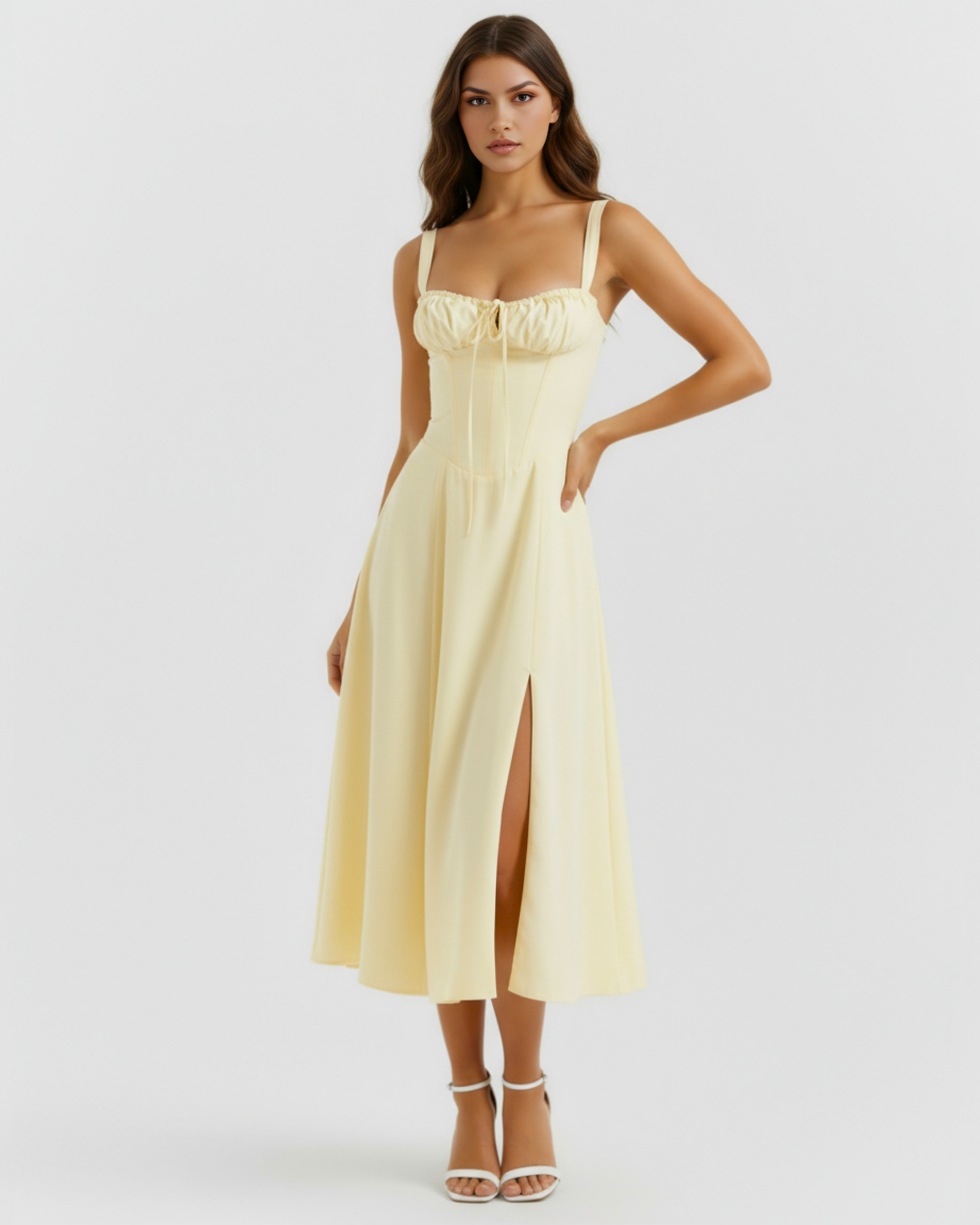 Aurora Fitted Corseted Midi Summer Dress - Buttercup