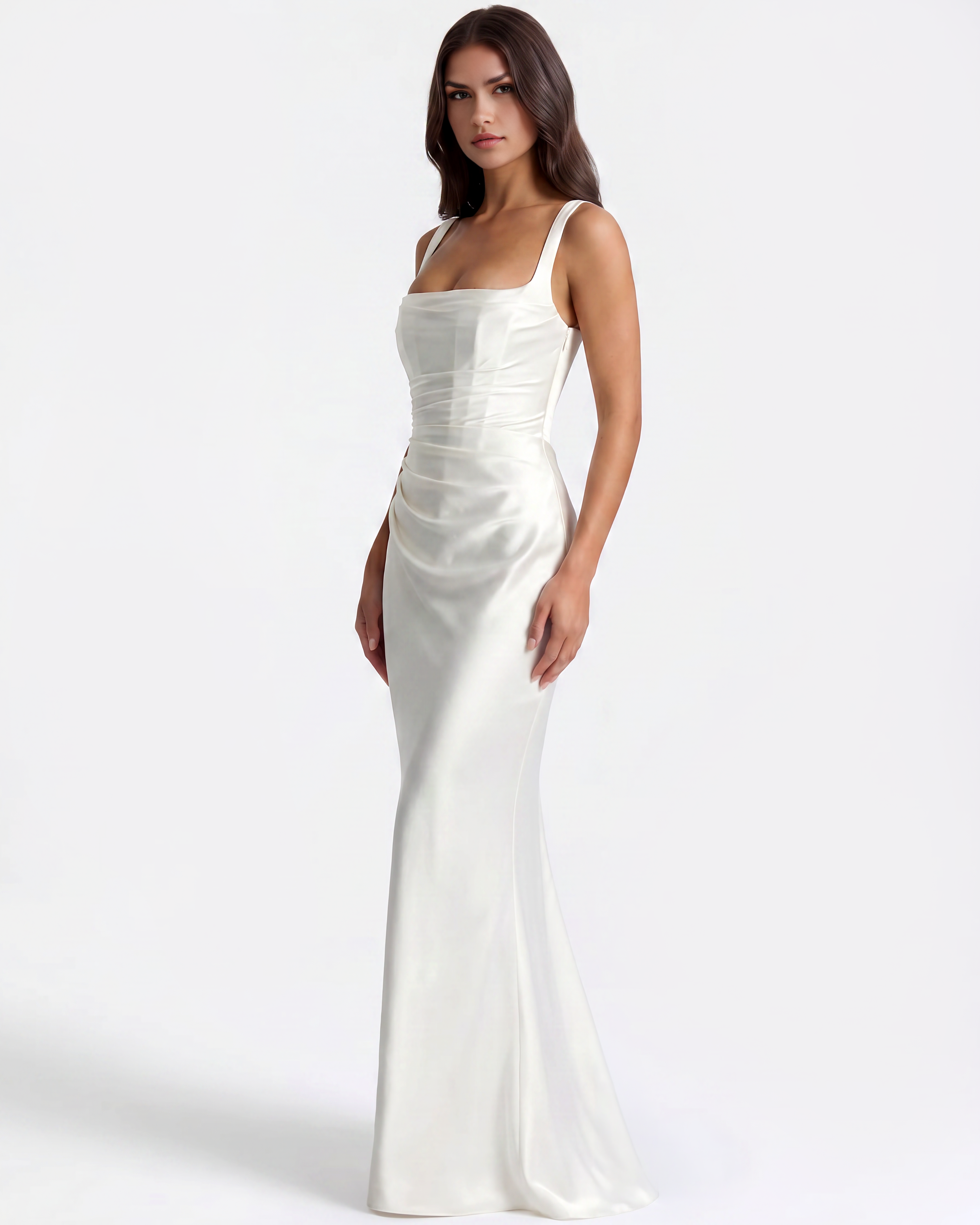 Adrienne Pleated Satin Maxi Wedding Guest Dress - White