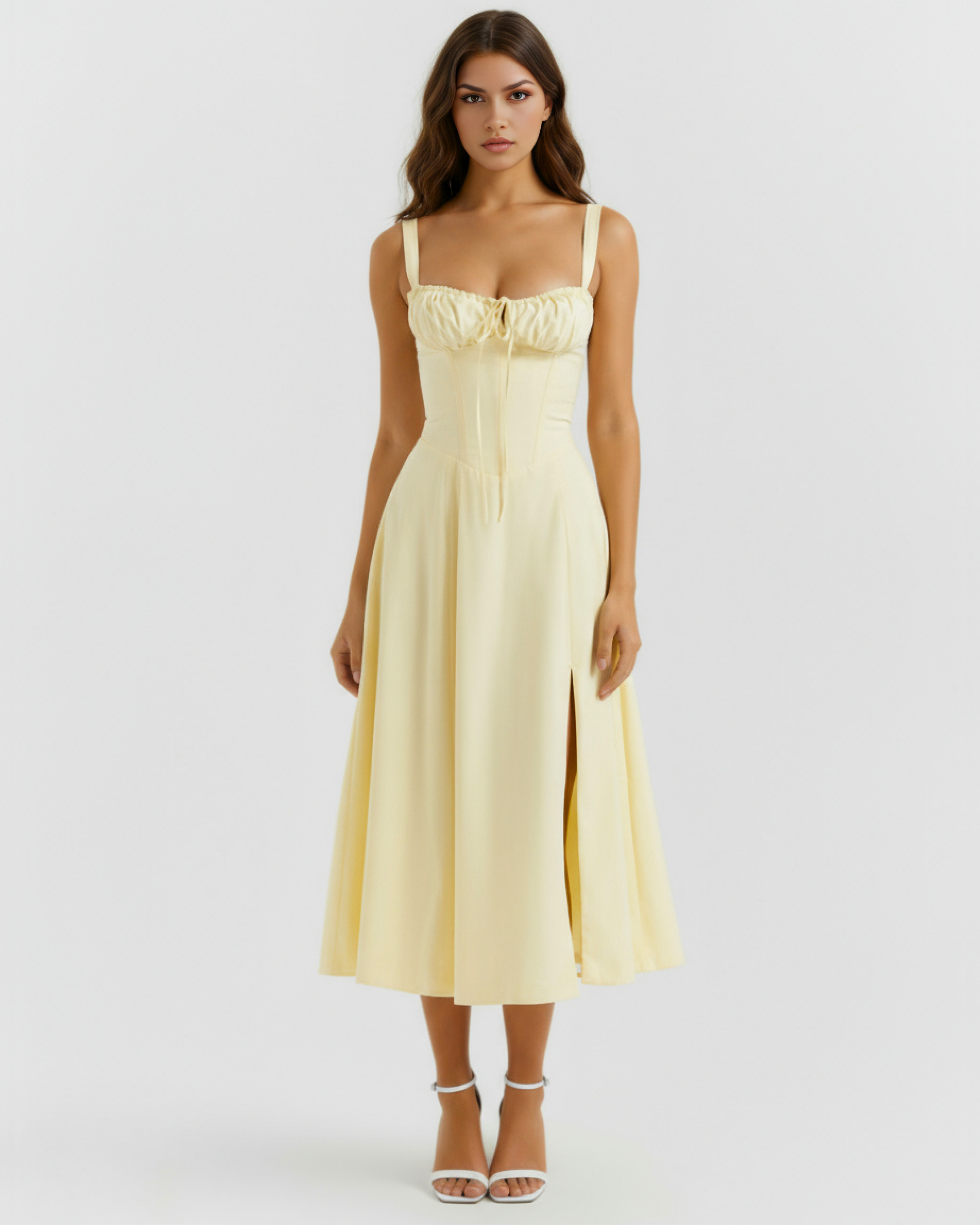 Aurora Fitted Corseted Midi Summer Dress - Buttercup