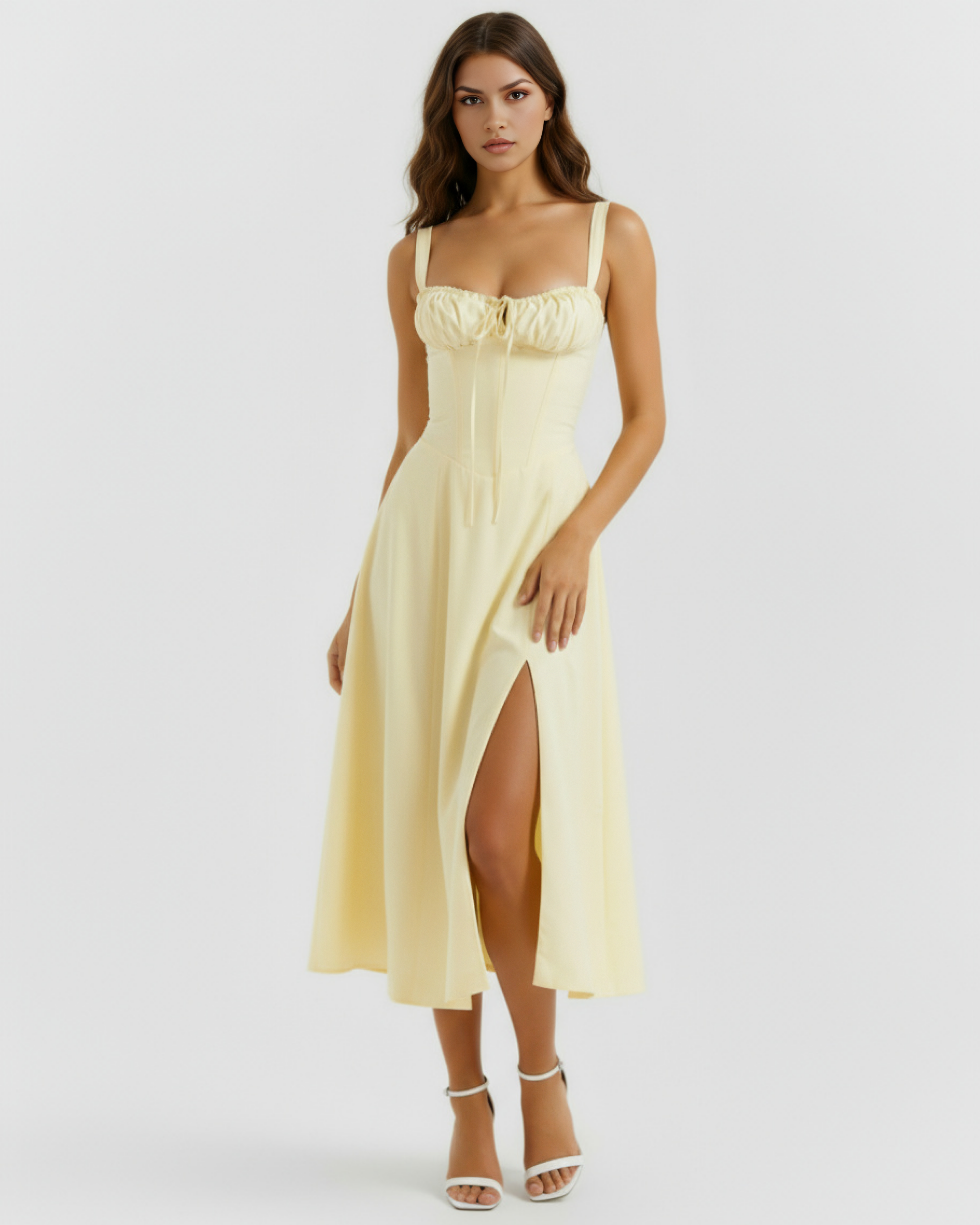 Aurora Fitted Corseted Midi Summer Dress - Buttercup