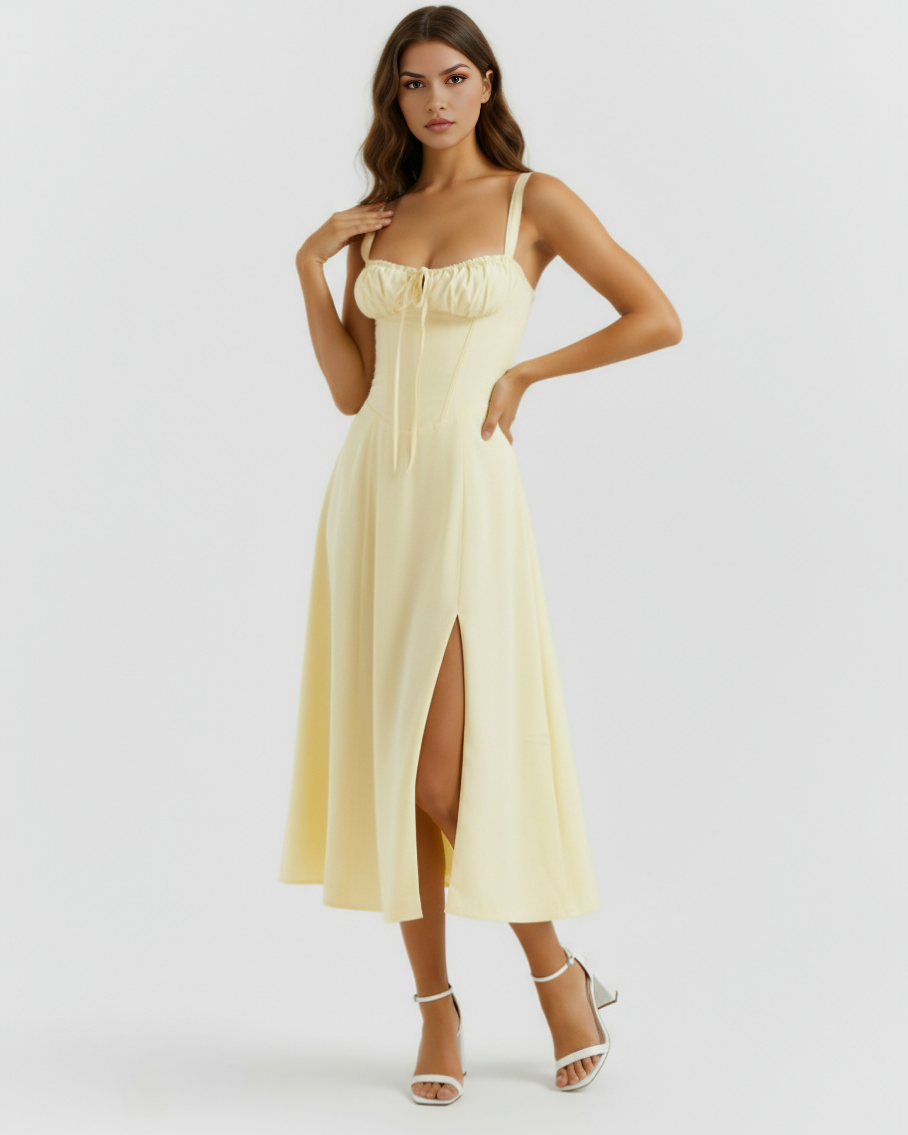 Aurora Fitted Corseted Midi Summer Dress - Buttercup