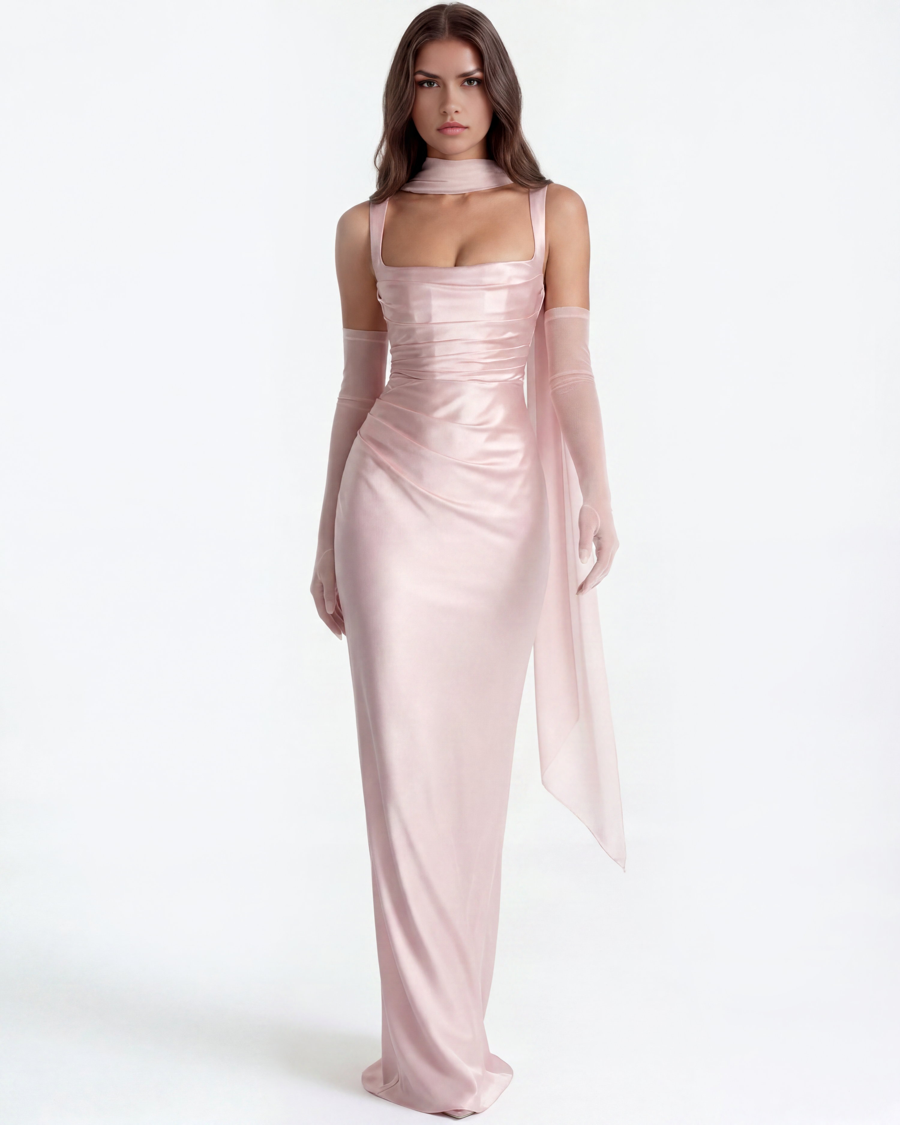 Adrienne Pleated Satin Maxi Wedding Guest Dress - Baby Pink