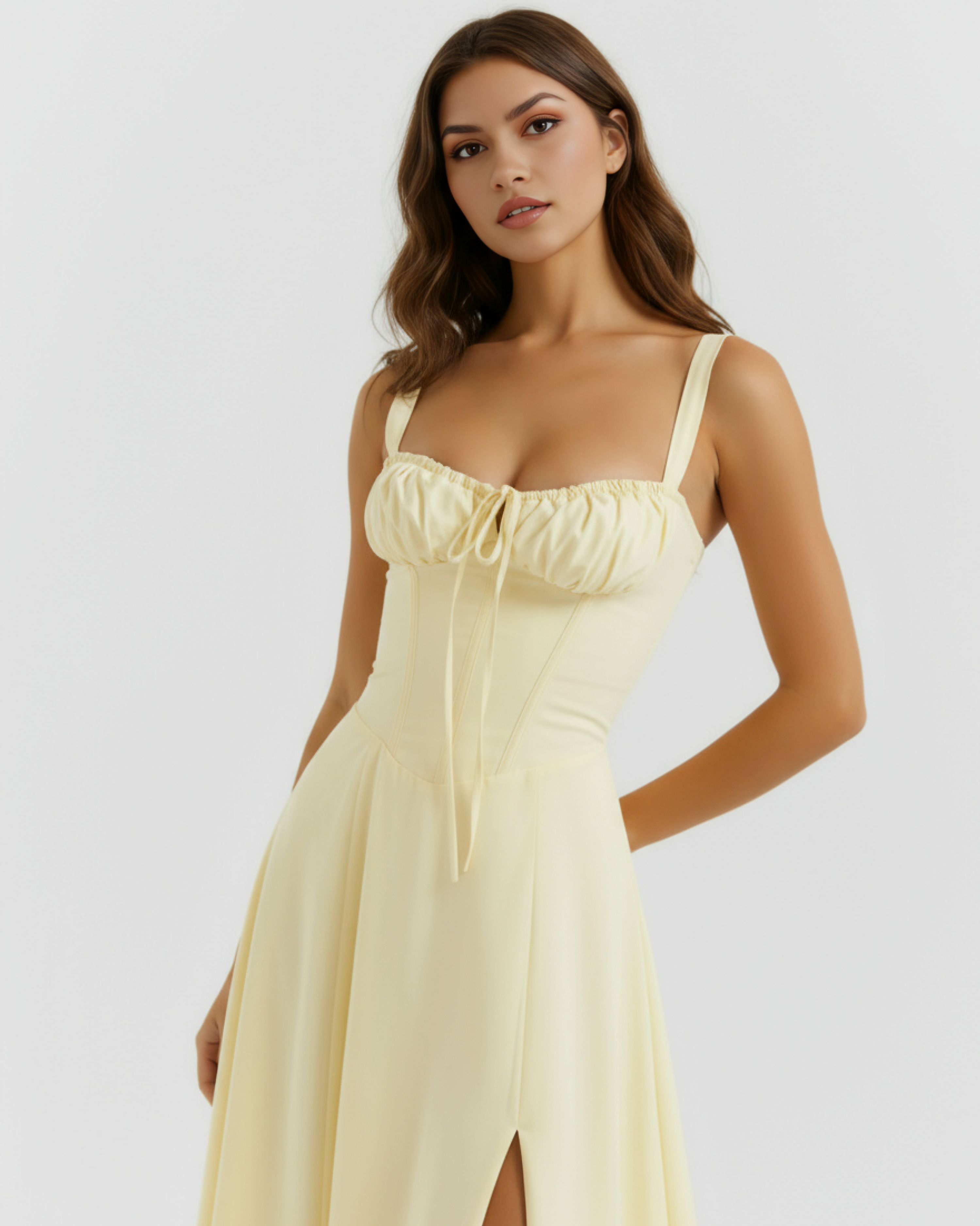 Aurora Fitted Corseted Midi Summer Dress - Buttercup
