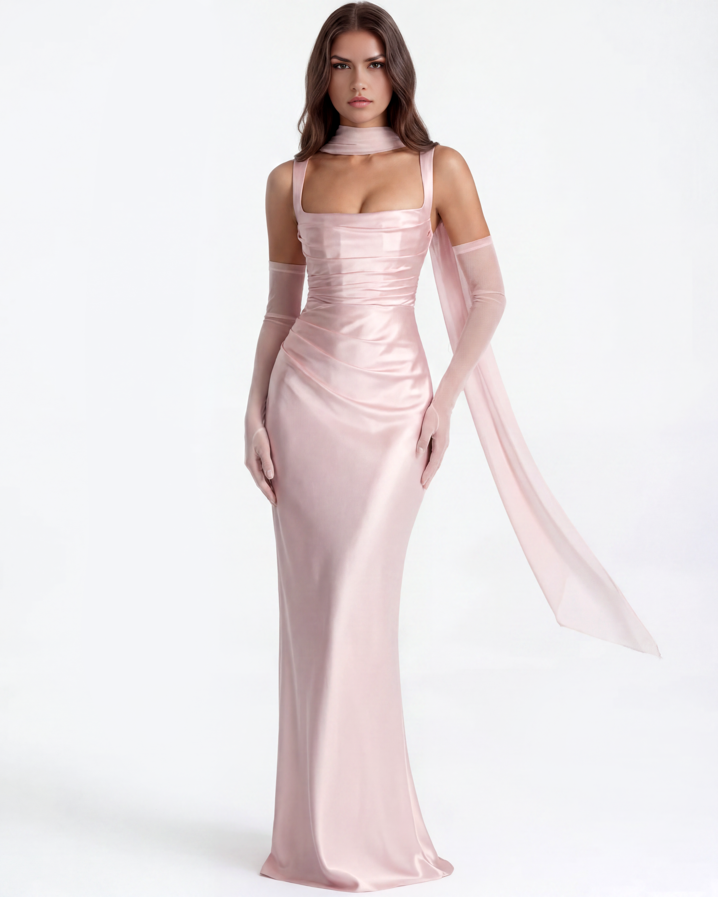 Adrienne Pleated Satin Maxi Wedding Guest Dress - Baby Pink