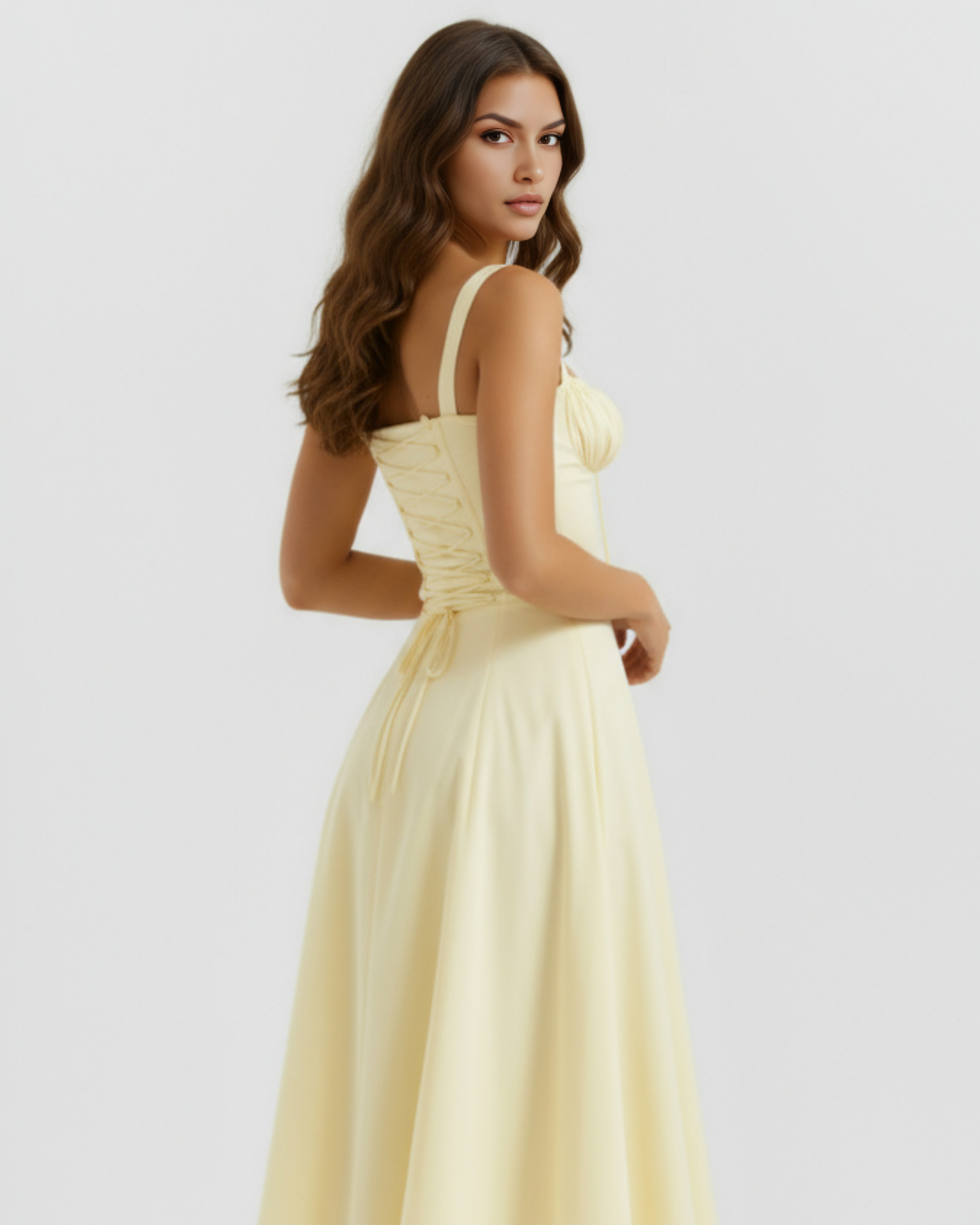 Aurora Fitted Corseted Midi Summer Dress - Buttercup