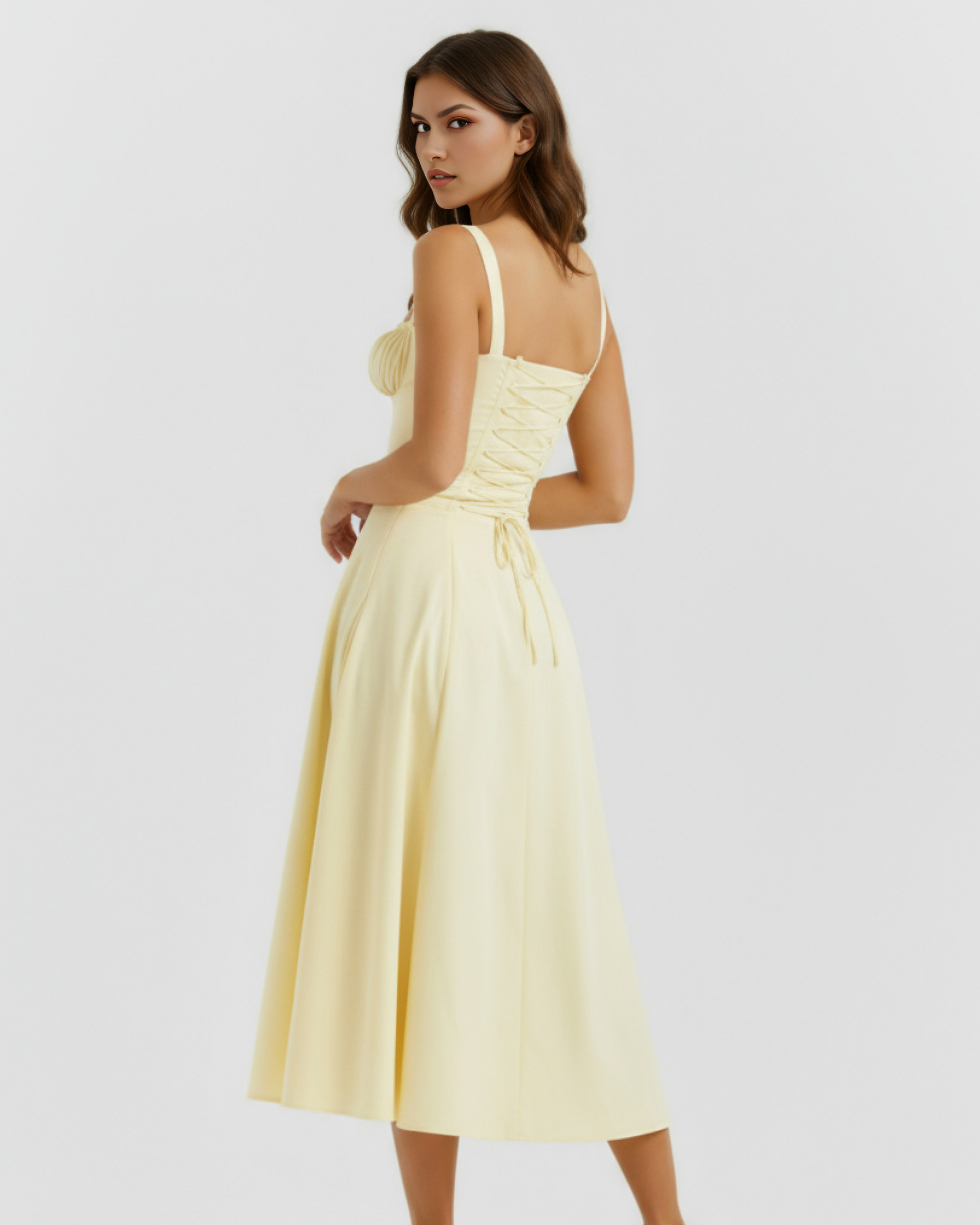Aurora Fitted Corseted Midi Summer Dress - Buttercup