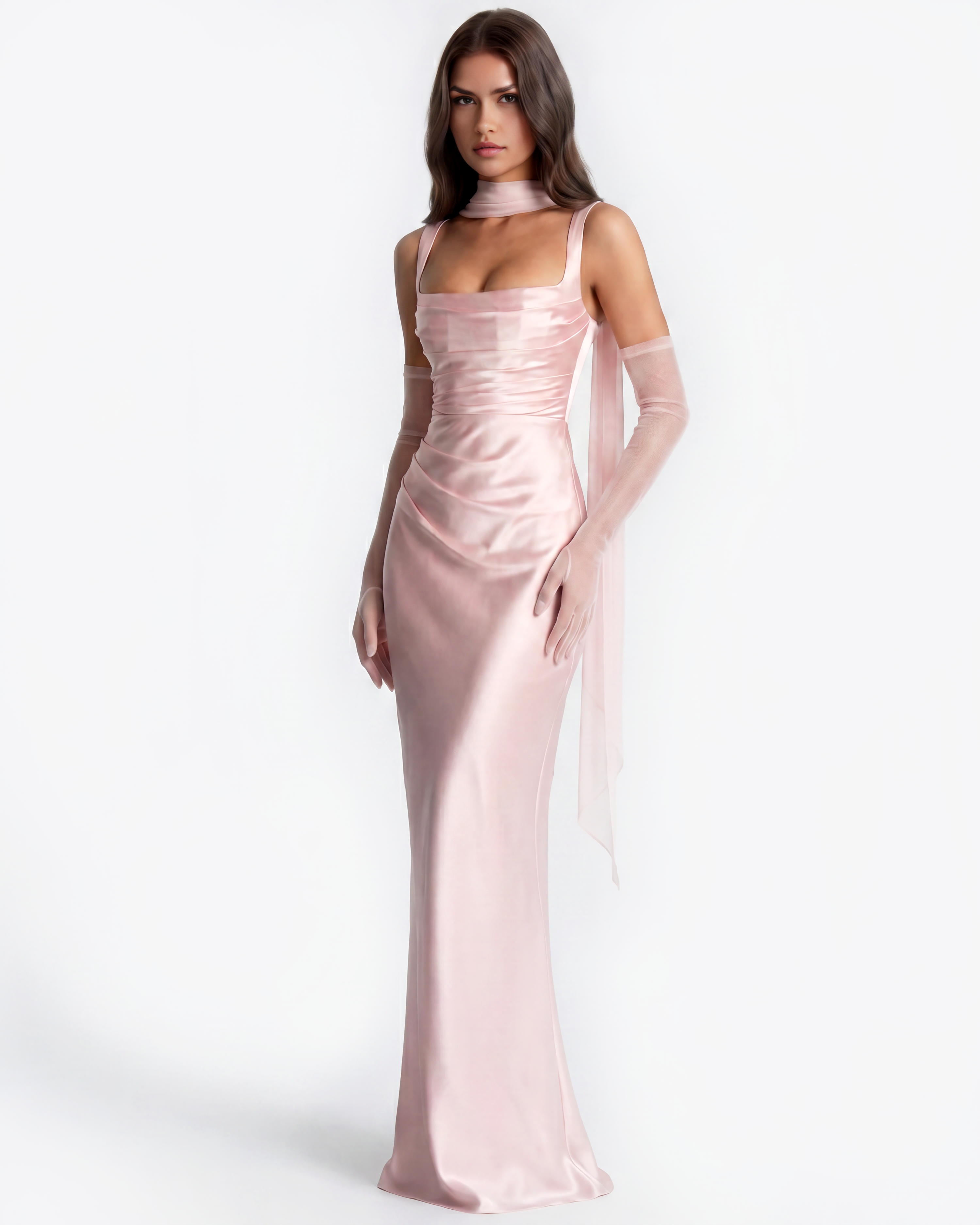 Adrienne Pleated Satin Maxi Wedding Guest Dress - Baby Pink