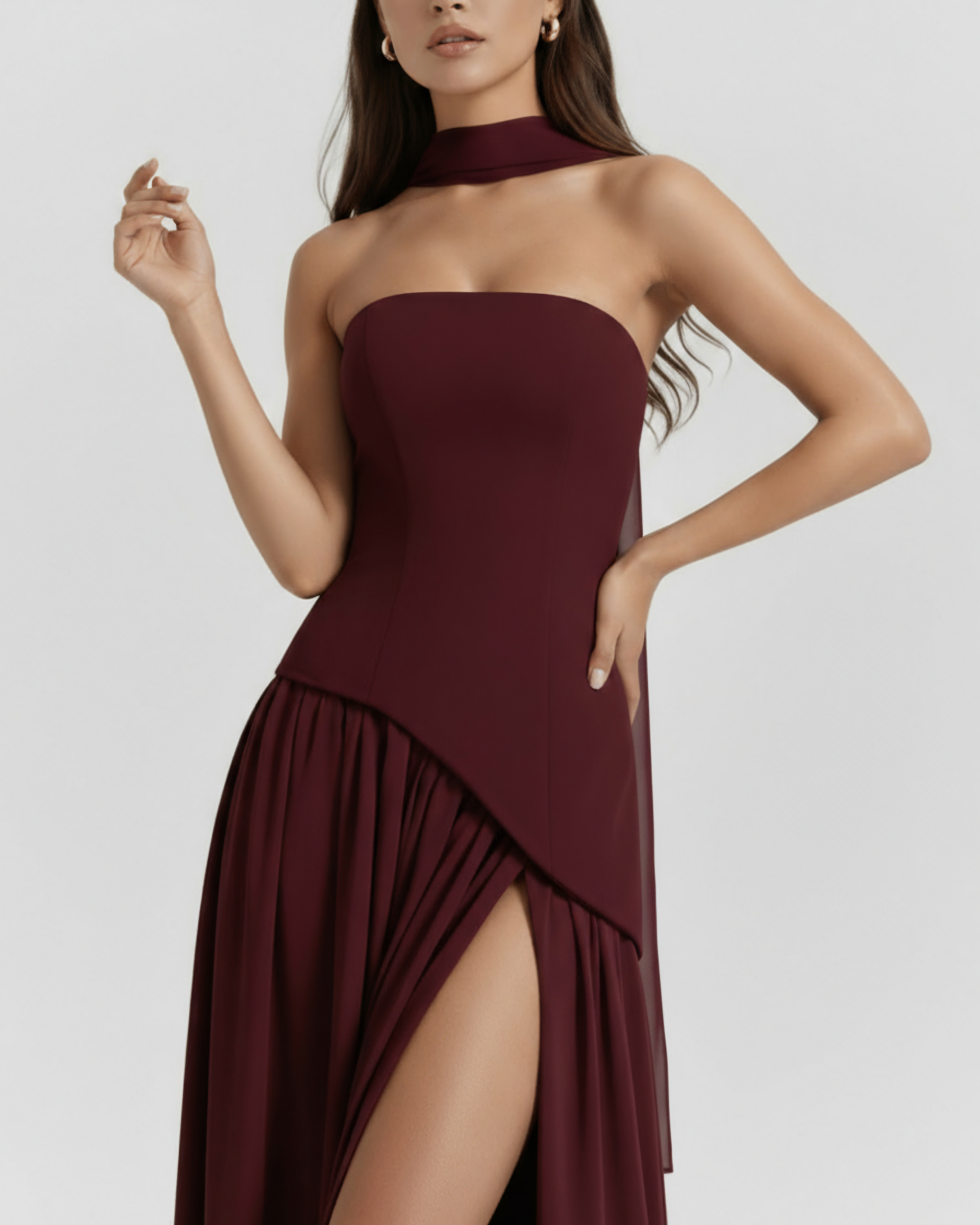 Serena Fitted Lace-Up Maxi Formal Dress - Deep Cherry Lacquer