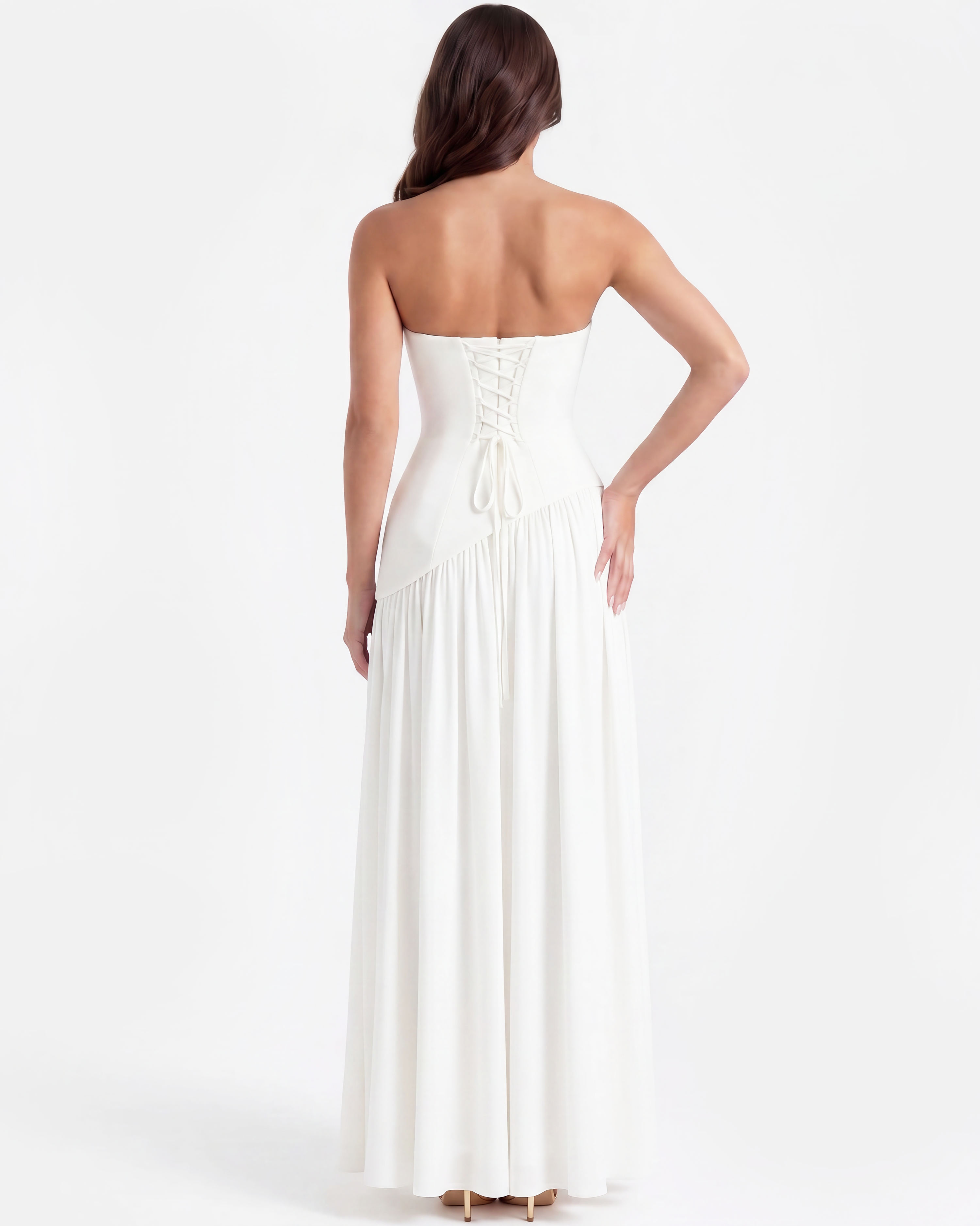 Serena Strapless Asymmetrical Maxi Wedding Guest Dress - White