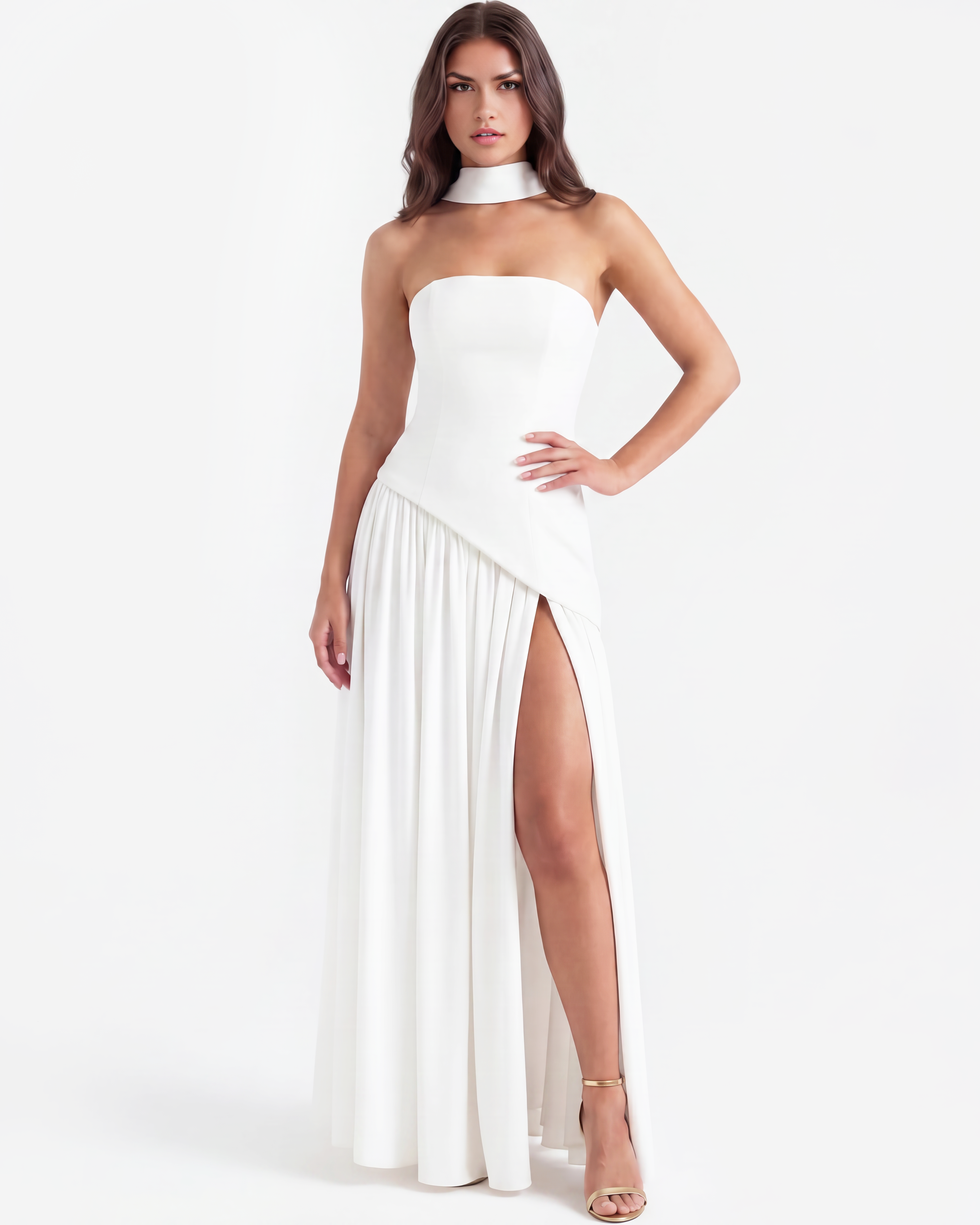 Serena Strapless Asymmetrical Maxi Wedding Guest Dress - White