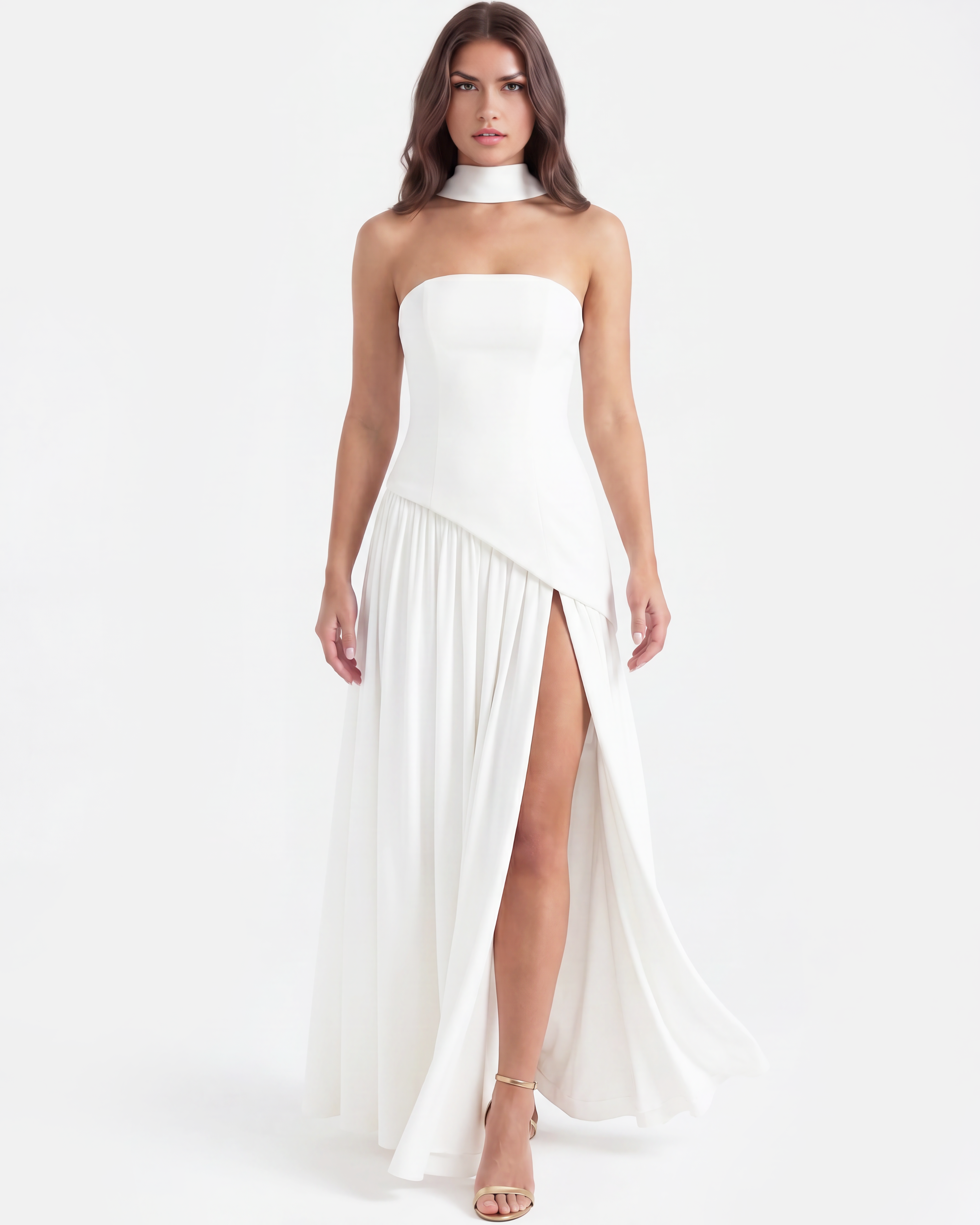 Serena Strapless Asymmetrical Maxi Wedding Guest Dress - White
