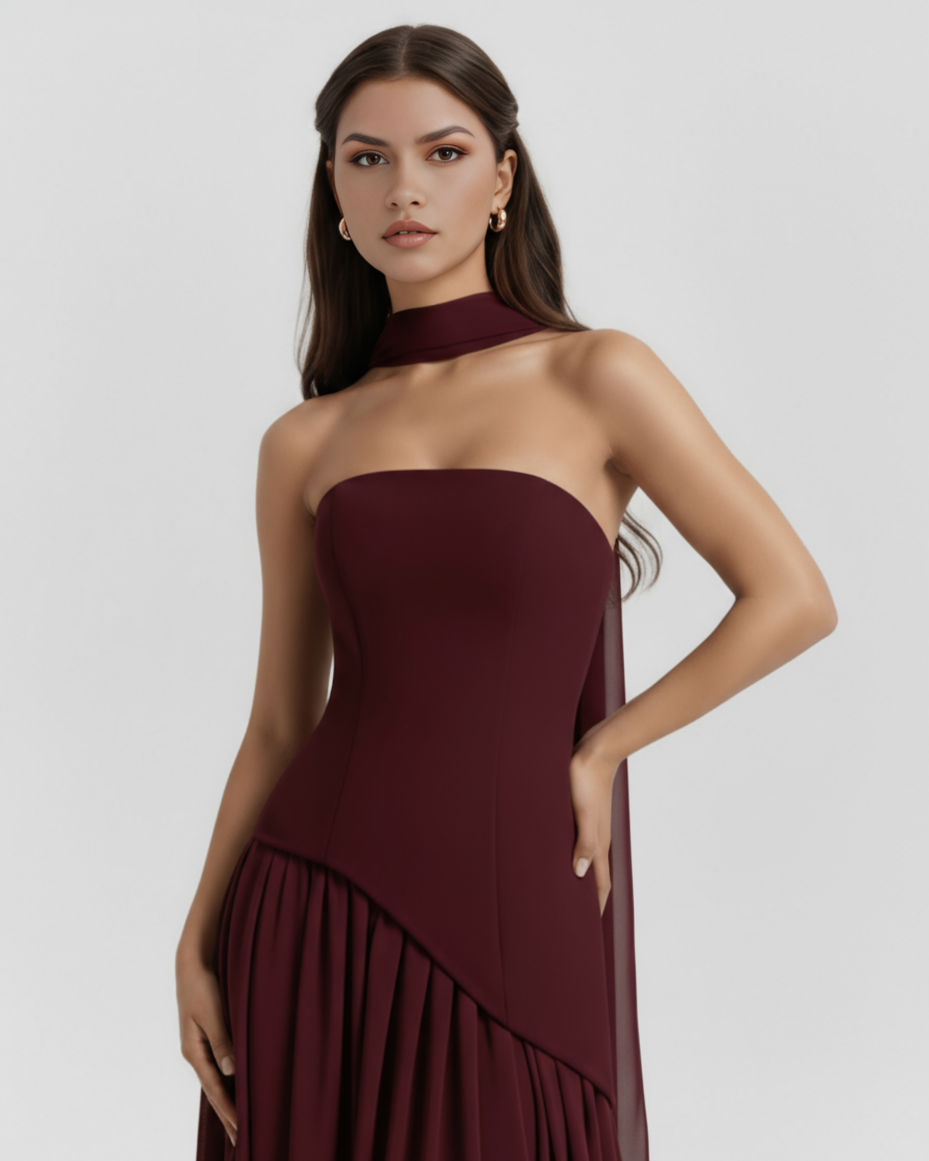 Serena Fitted Lace-Up Maxi Formal Dress - Deep Cherry Lacquer