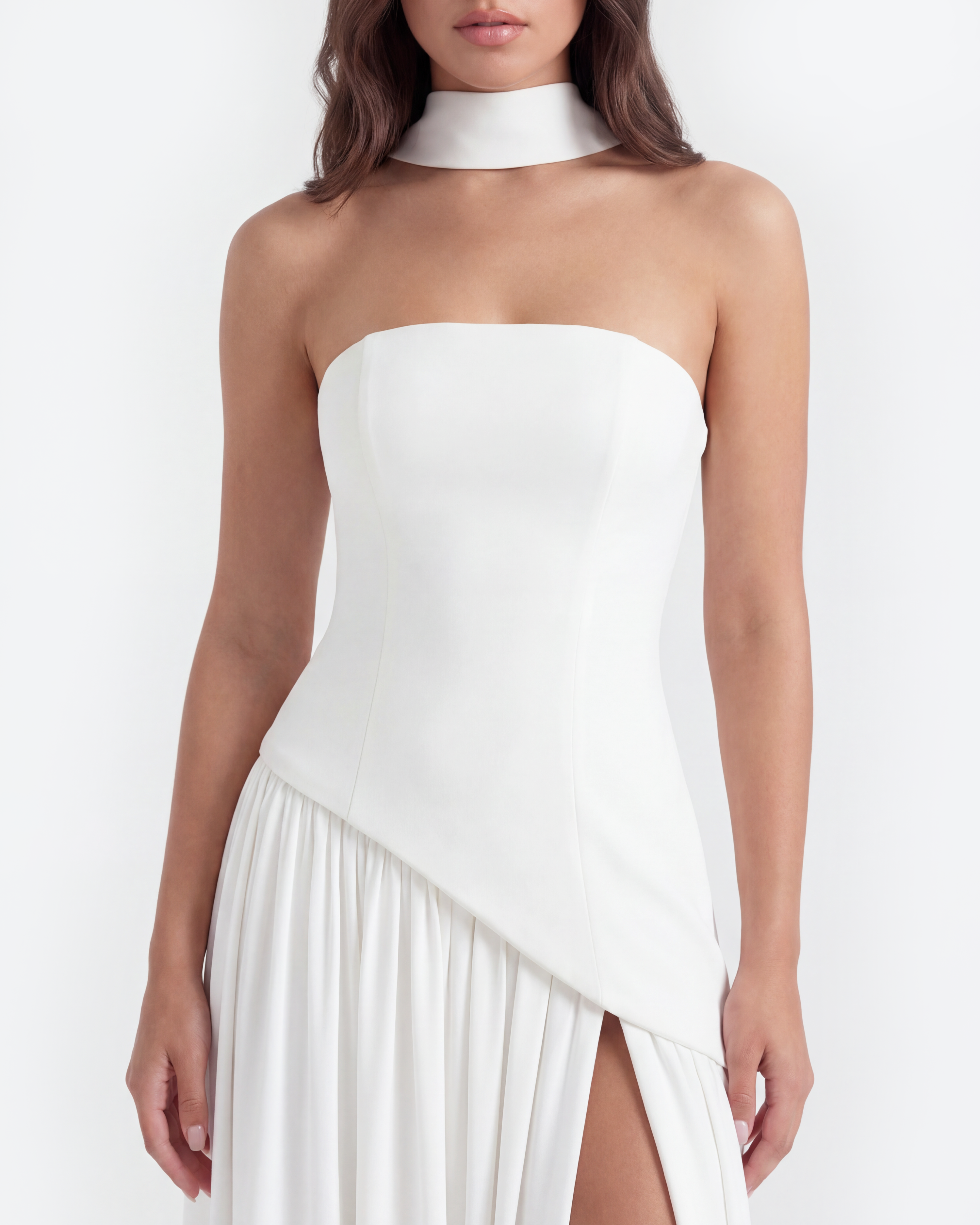 Serena Strapless Asymmetrical Maxi Wedding Guest Dress - White